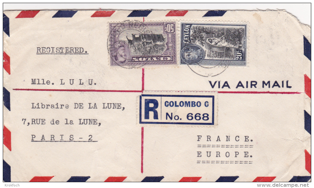 Colombo 1939 Registered Ceylon Sri Lanka - Cover Lettre Lettre Brief - Ceylan (...-1947)