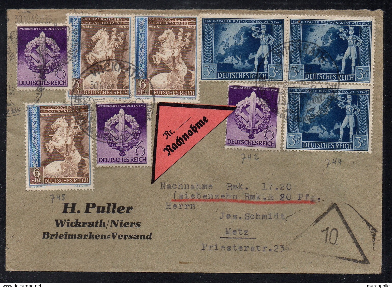 WICKRATH - ALLEMAGNE - III REICH / 1942 LETTRE  CONTRE REMBOURSEMENT POUR METZ - NACHNAHME (ref LE3359) - Lettres & Documents