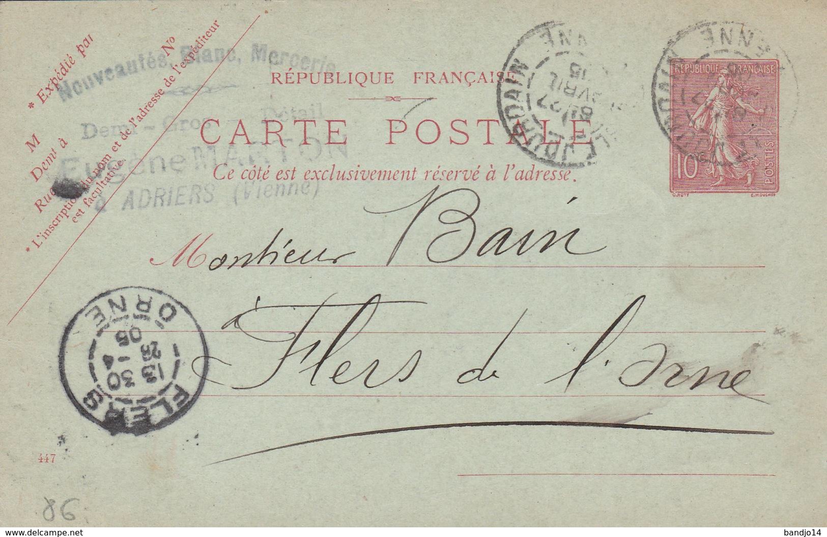 Adriers (Vienne) Cachet Magasin " Eugene MARTON    " Sur  Entier Postal - Scan Recto-verso - Cartoline Postali E Su Commissione Privata TSC (ante 1995)