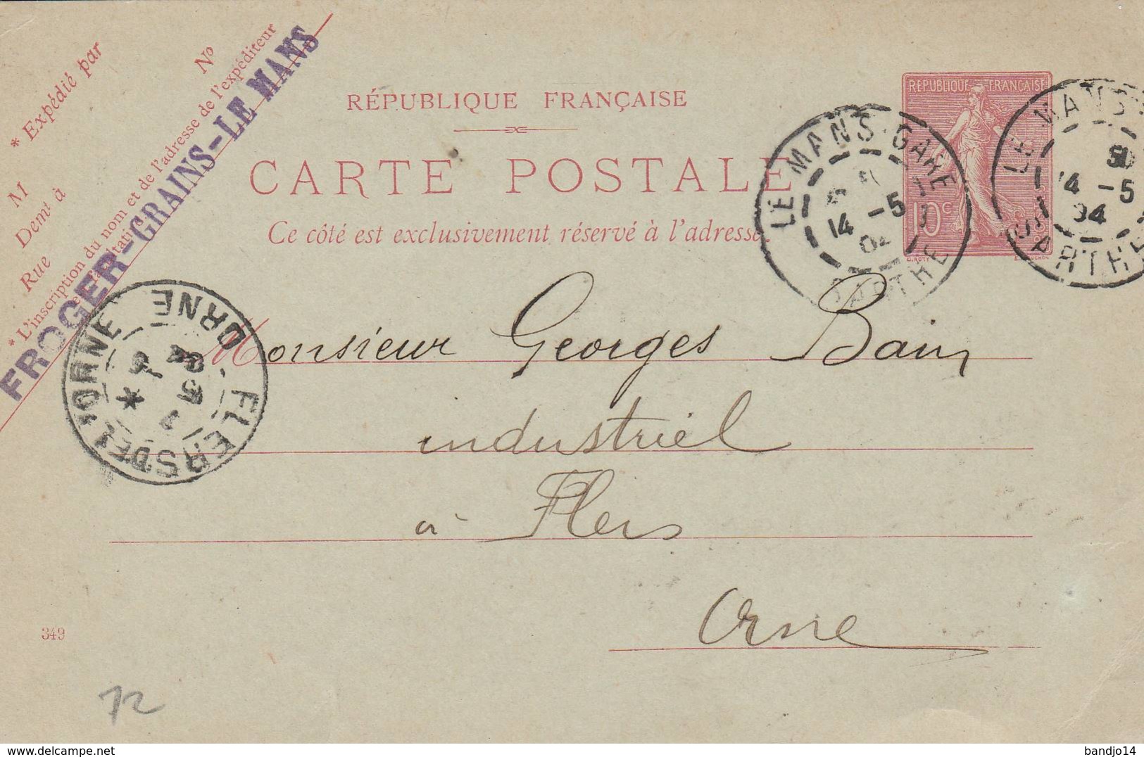 Le Mans  - Cachet Entreprise " FROGER - GRAINS " Sur  Entier Postal - Scan Recto-verso - Cartes Postales Types Et TSC (avant 1995)