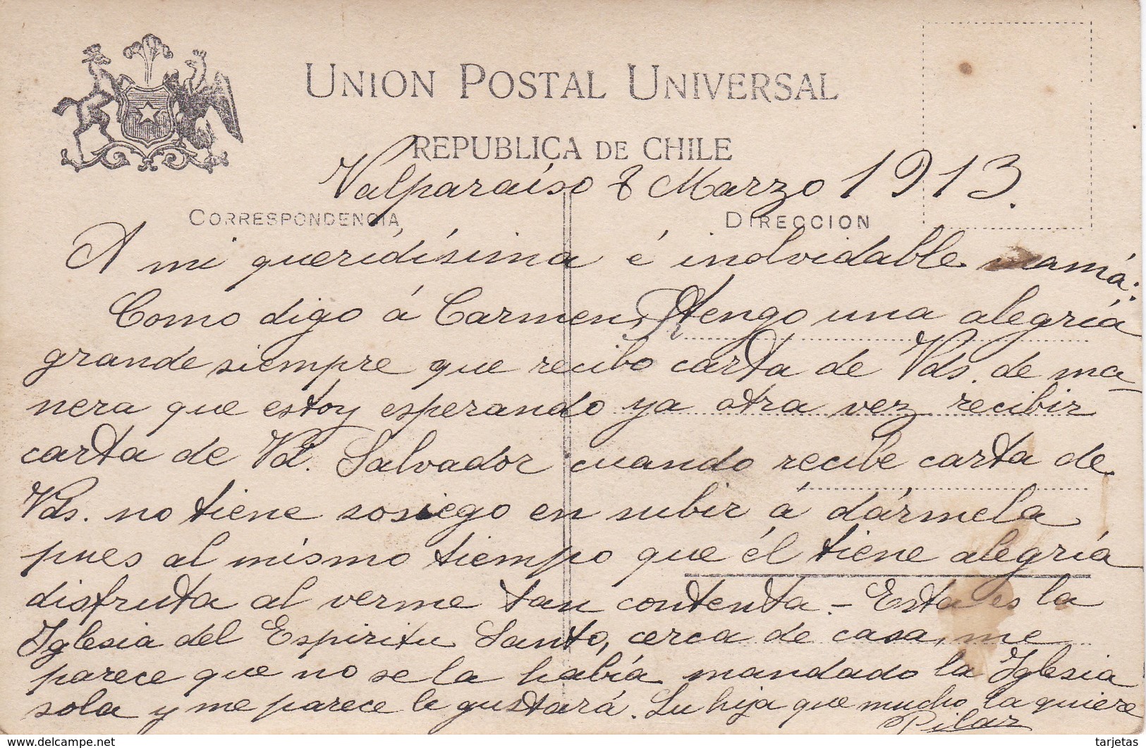 POSTAL DE CHILE DE UNA IGLESIA DEL AÑO 1913 (VALPARAISO) - Chili