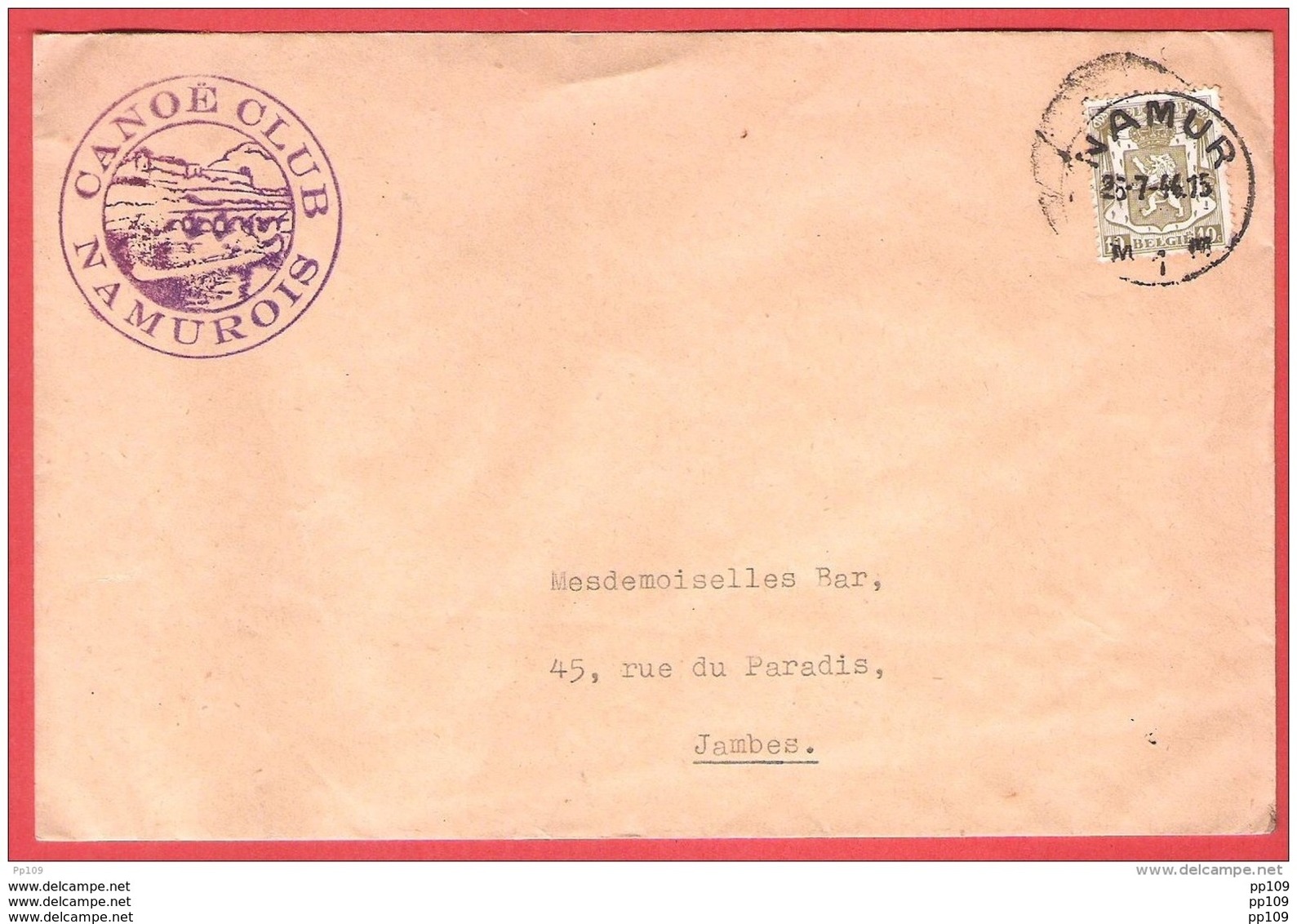 L Tarif Imprimé Obl NAMUR 25 VII 1944   " CANOE CLUB NAMUROIS" - Cartas & Documentos