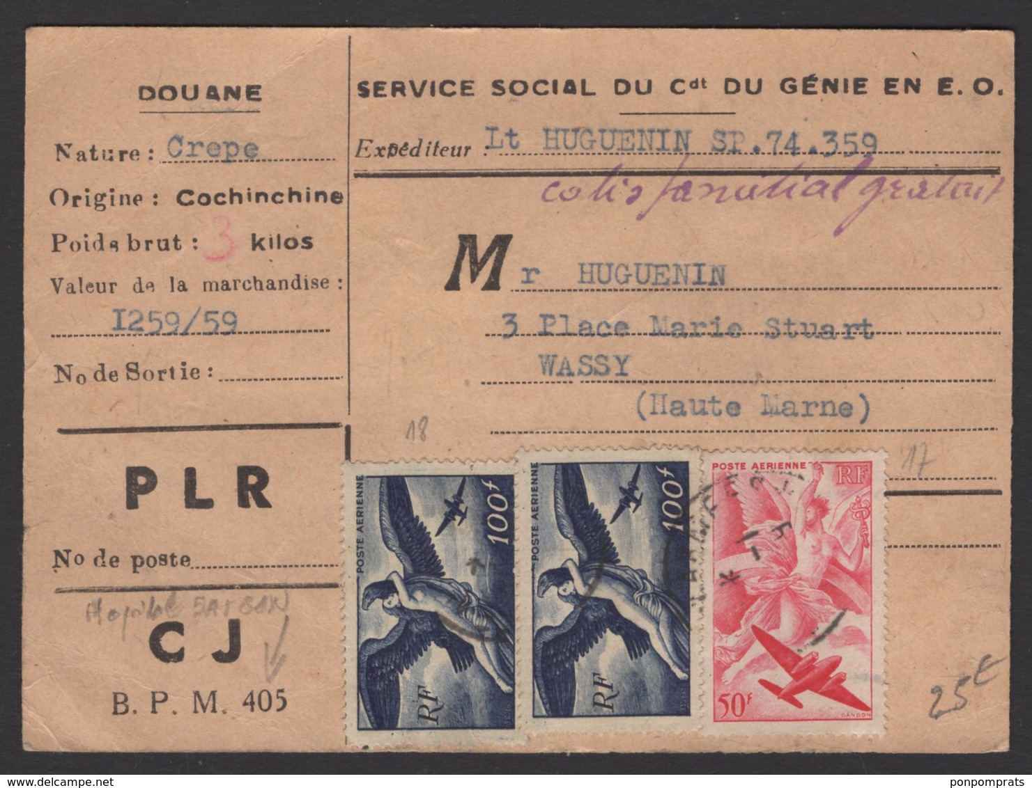 Très Belle Carte De DOUANE D'un Colis De CREPE Du BPM (Hopital De Saigon) Avec AFrt à 3 Timbres Oblt POSTES AUX ARMEES 1 - Guerre D'Indochine / Viêt-Nam