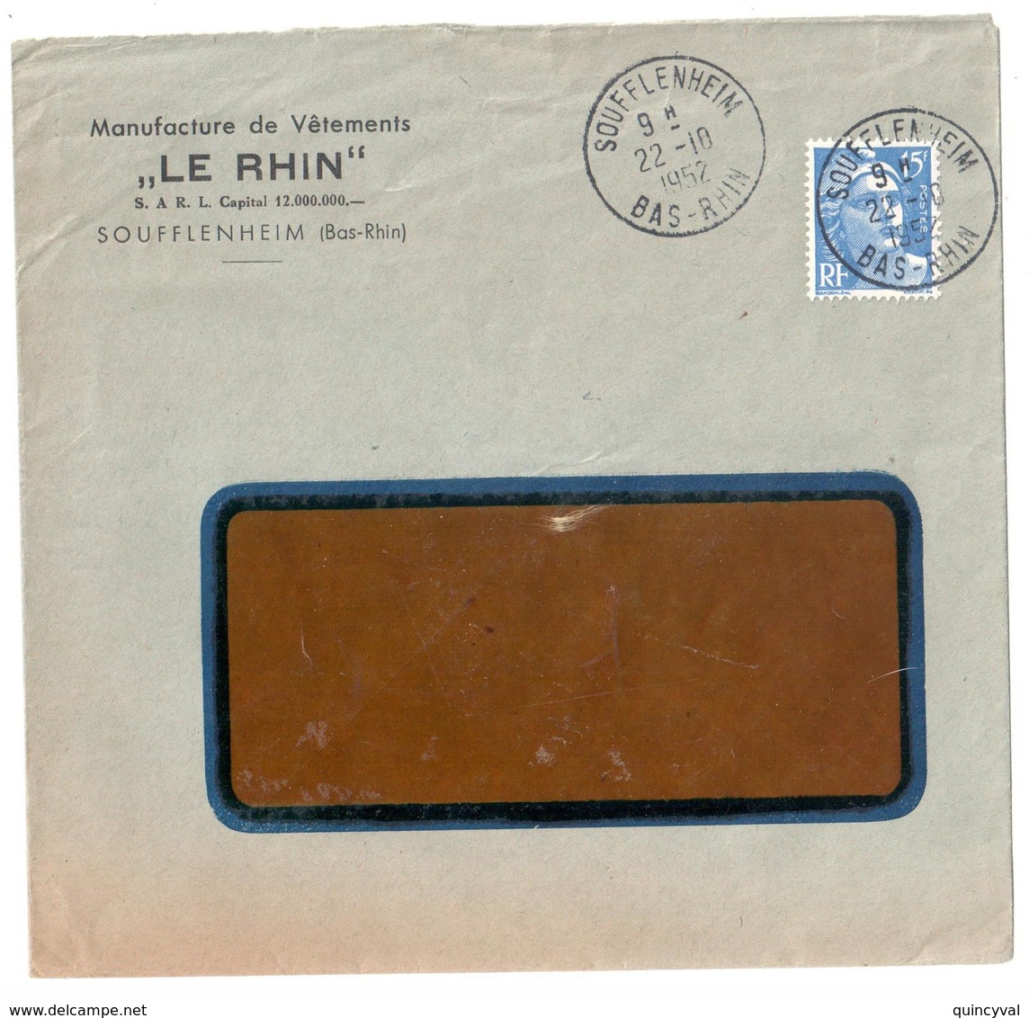 SOUFFLENHEIM Bas Rhin Ob 1952 Lettre Entête Manufacture De Vêtements LE RHIN 15F Gandon Bleu Yv 886 - Covers & Documents