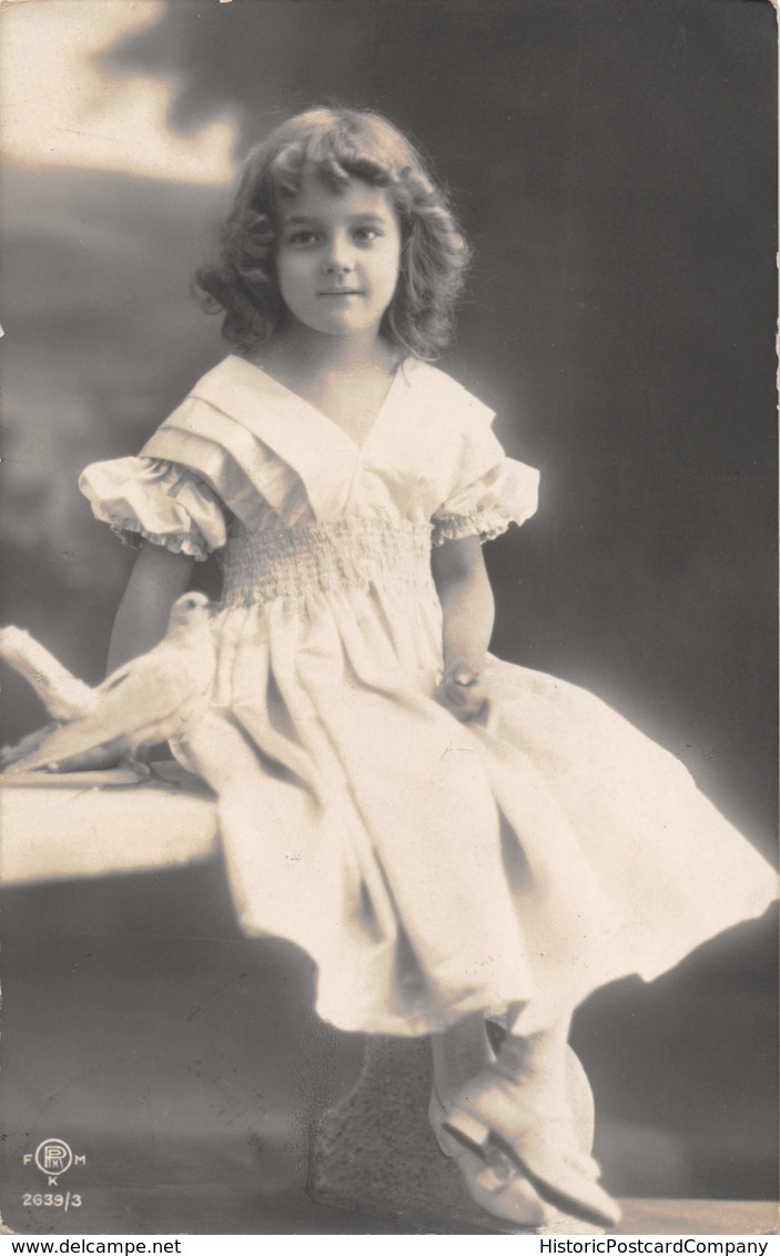 BEAUTIFUL YOUNG GIRL-ORNATE DRESS-SITTING WITH DOVE-1908 PHOTO POSTCARD 39991 - Autres & Non Classés