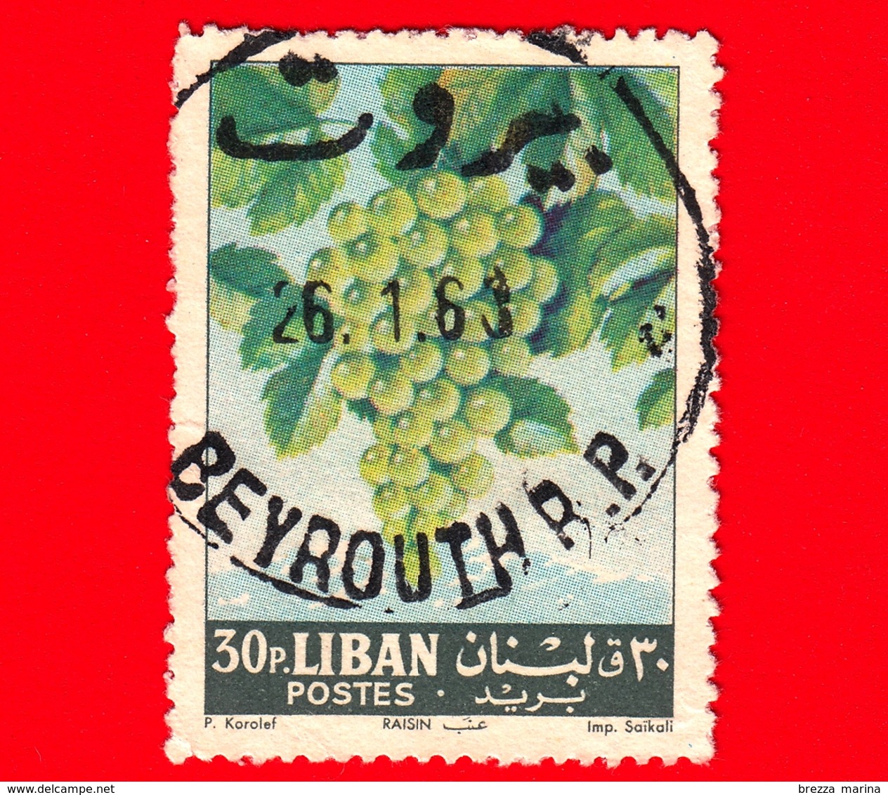 LIBANO - Libanon - Usato - 1962 - Frutta - Fruit - Uva - Grapes -  Vitis Vinifera - 30 - Libano