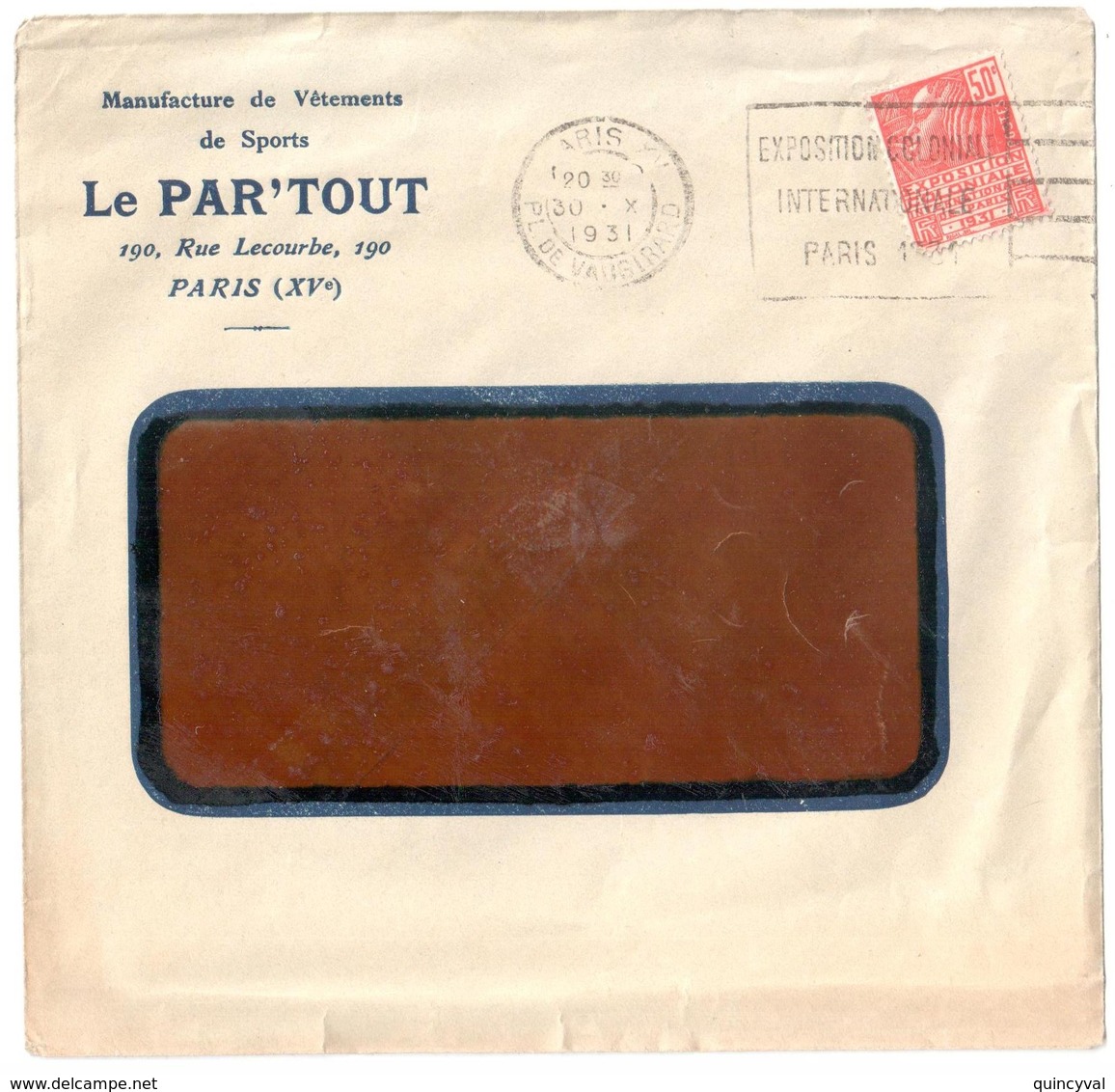 PARIS Lettre Entête Le PARTOUT Vêtement Sport 50c Fashi Rouge Yv 272 Ob Meca A15110 Expo Colonial Internationale 1931 - Cartas & Documentos