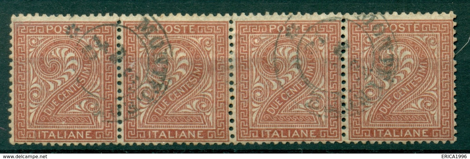 V8396 ITALIA REGNO 1863 2 C. Striscia Usata Di 4 Con Annullo MONTELEONE, Valore Catalogo € 35, Buone Condizioni (MF) - Usati