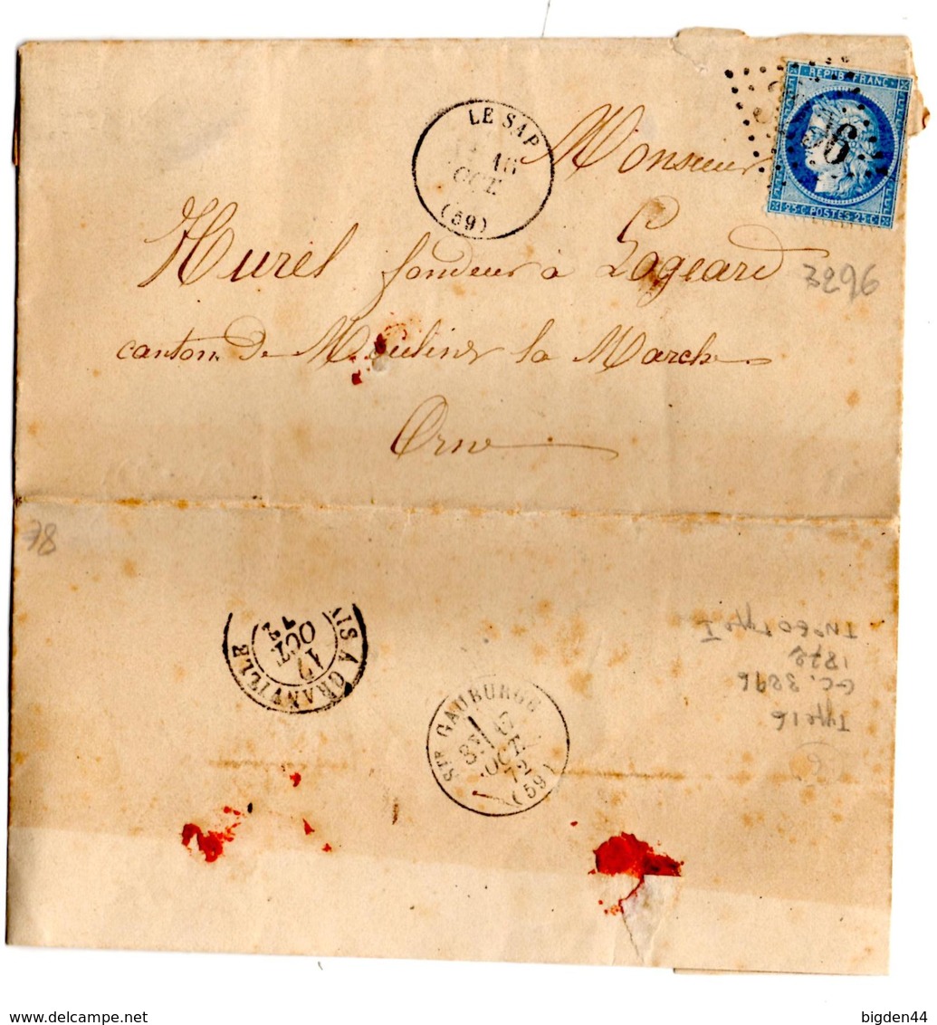 Lettre De Le Sap GC 3296 (16.10.1872) Pour Moulins La Marche Ambulant Calais à Granville St Gauburge - 1871-1875 Ceres