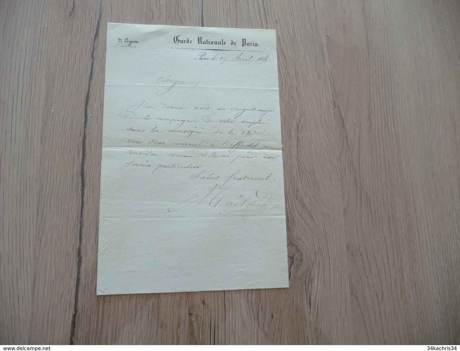 19/04/1848 Garde Nationale De Paris 9ème Légion  LAS Autographe Affectation - Dokumente