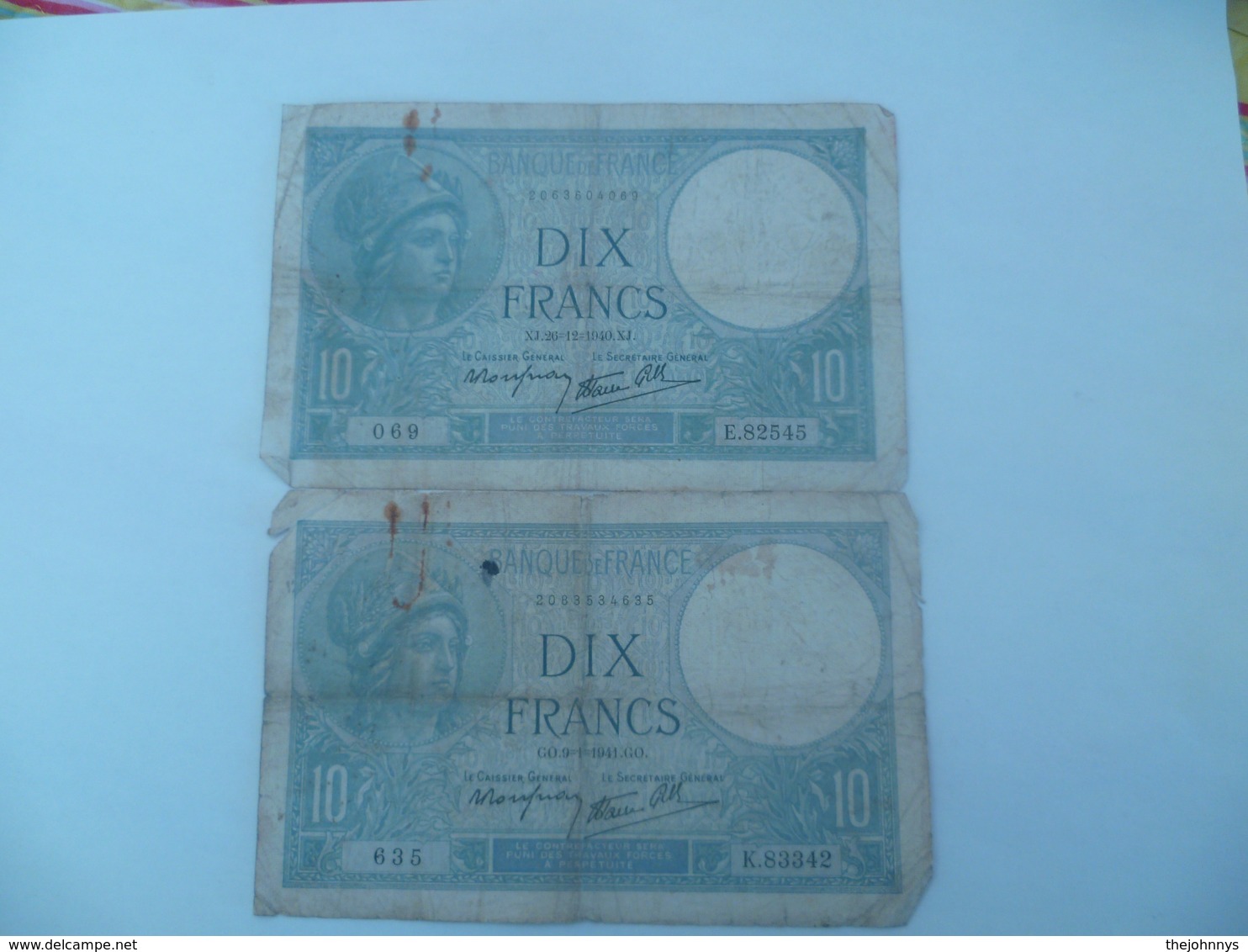 Lot De 2 Billets 10 Francs 1940 Et 1941 - 10 F 1916-1942 ''Minerve''