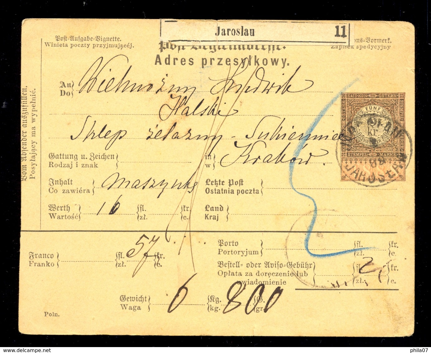 Austria, Poland - Parcel Card Joraslau-Krakow 1888 / 2 Scans - Other & Unclassified