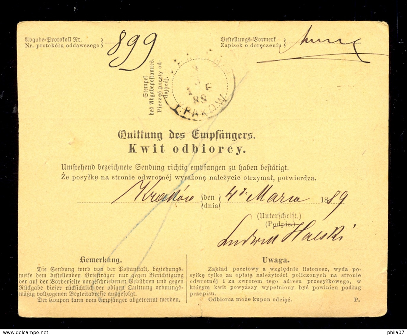 Austria, Poland - Parcel Card Joraslau-Krakow 1888 / 2 Scans - Autres & Non Classés