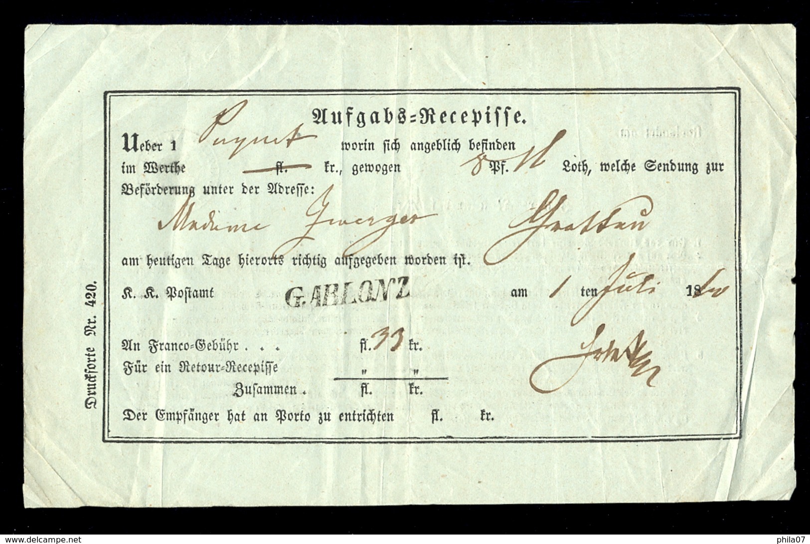 Austria - Return Receipt From 1860, With Cancel Garlonz / 2 Scans - Sonstige & Ohne Zuordnung