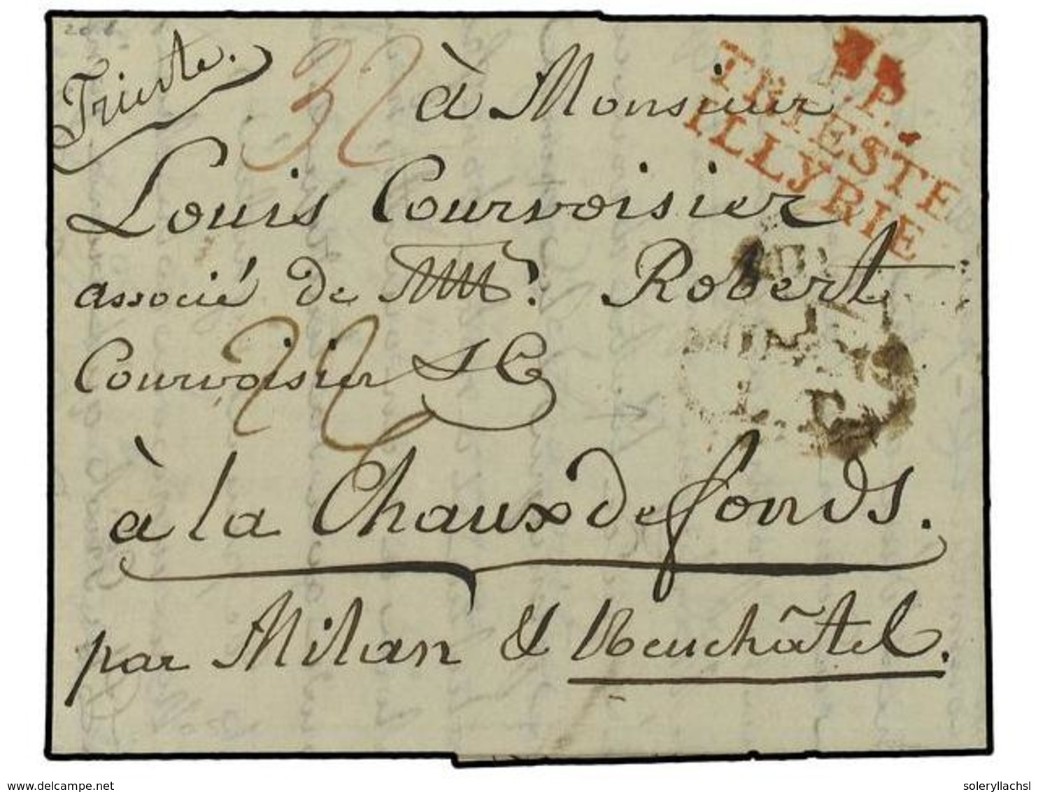AUSTRIA. 1810. Entire Letter From Trieste To Chaux De Fonds, Endorsed 'par Milan & Neuchatel' With Superb Strike Of  'P. - Other & Unclassified