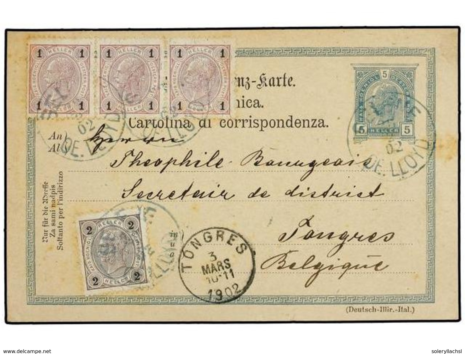 AUSTRIA. 1902 (Feb 28).  5 H.  Green Stationery Card Used To BELGIUM Up-rated With Strip Of Three 1899  1 H.  Mauve And  - Other & Unclassified