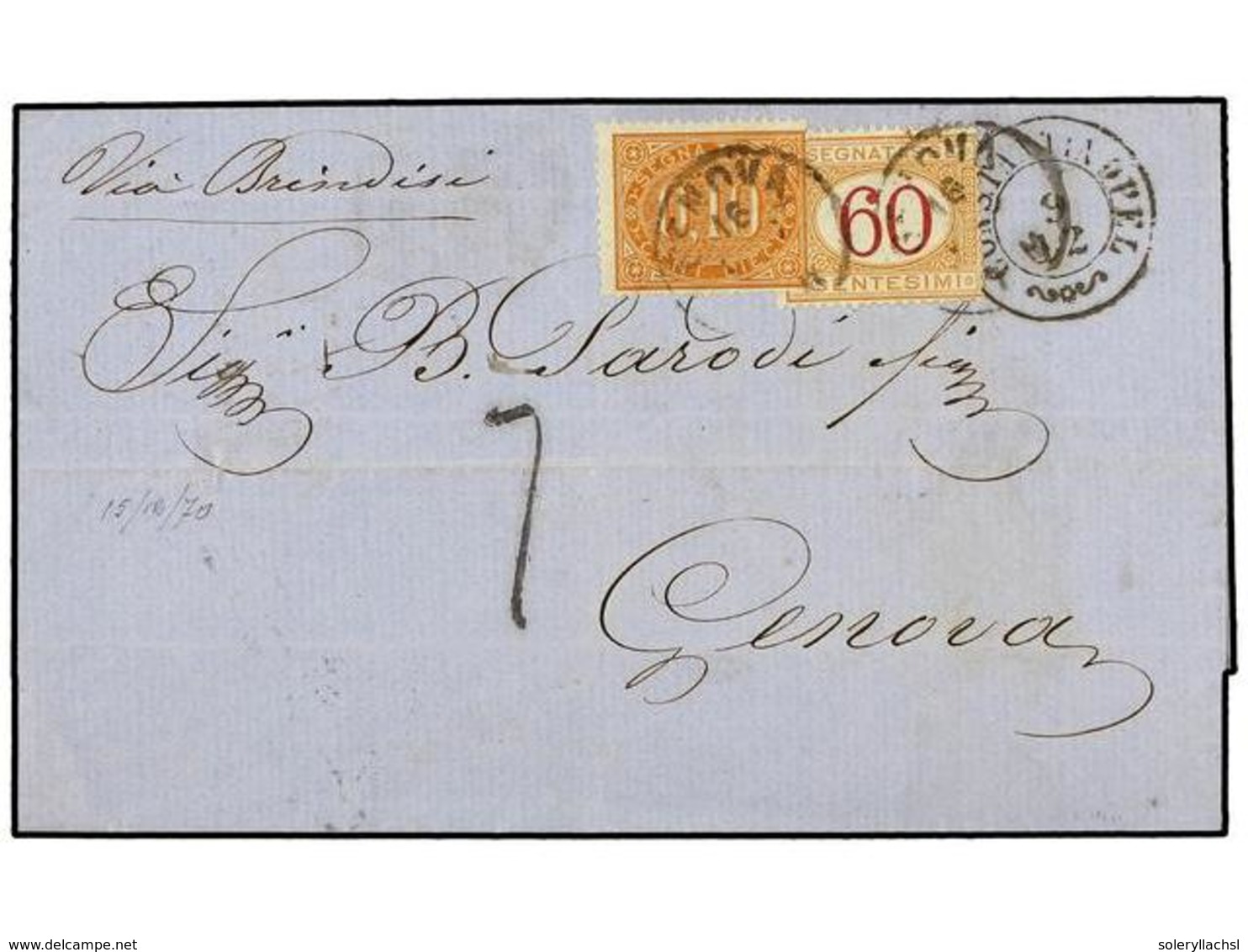 LEVANTE: CORREO AUSTRIACO. 1870 (Dec 9). Cover From CONSTANTINOPLE To GENOVA Endorsed 'via Brindisi' Sent Unpaid And Str - Andere & Zonder Classificatie