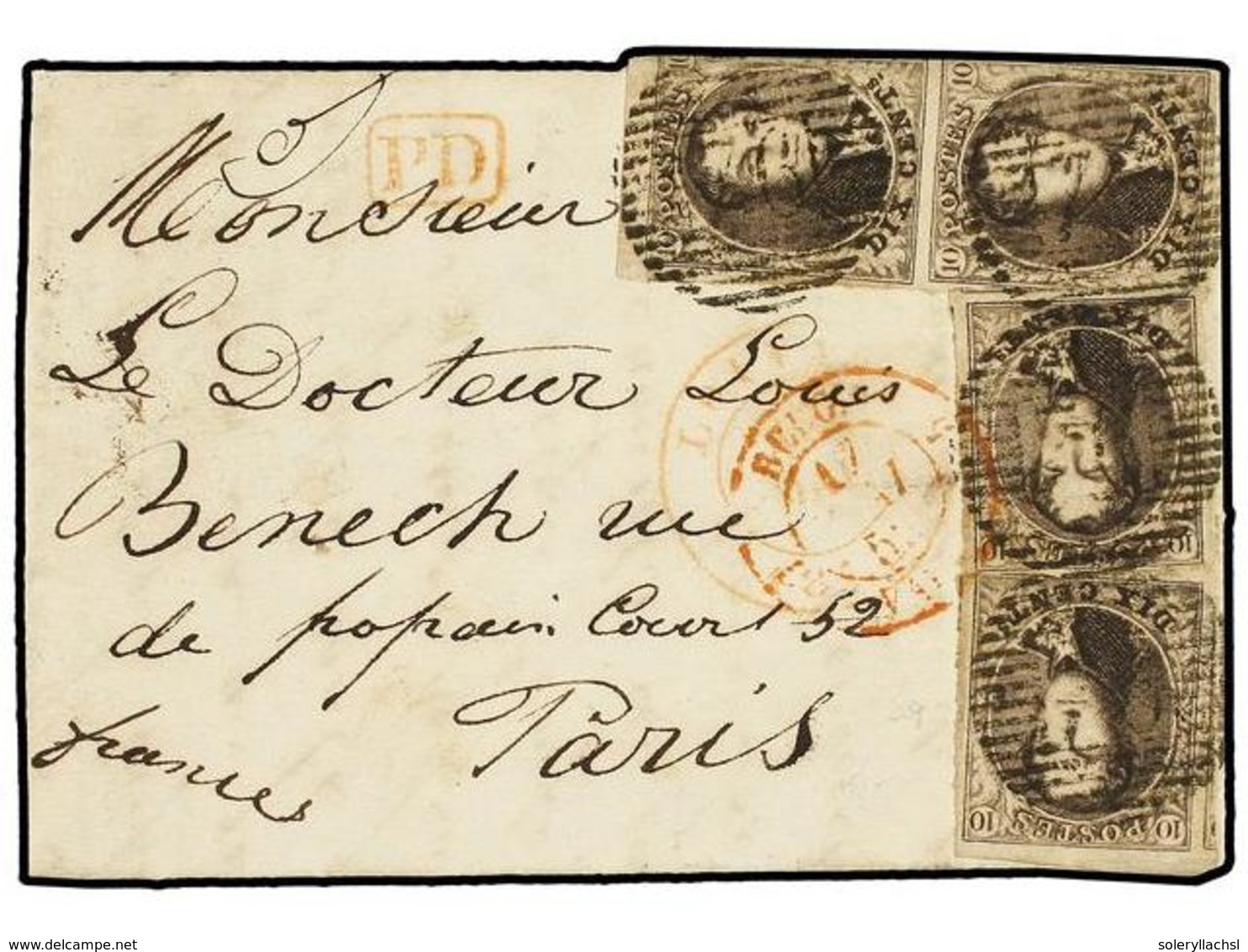 BELGICA. Of.6 (4). 1852. LOUVAIN To FRANCE. Entire Letter Franked With Four  10 Cts.  Brown. - Other & Unclassified