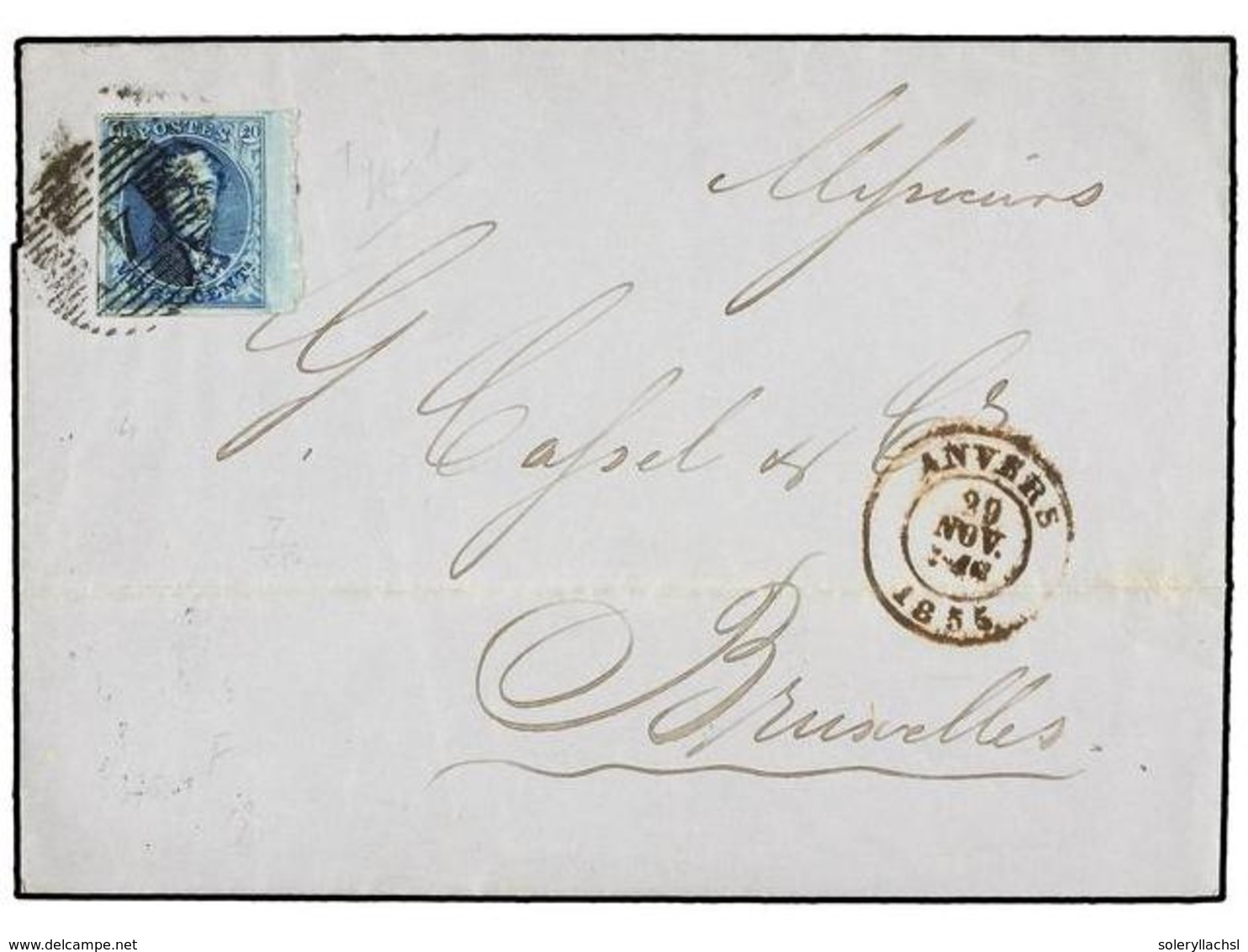 BELGICA. Of.7. 1855. ANVERS To BRUXELLES. Folded Letter Franked With  20 Cts.  Blue. Large Margins. - Autres & Non Classés