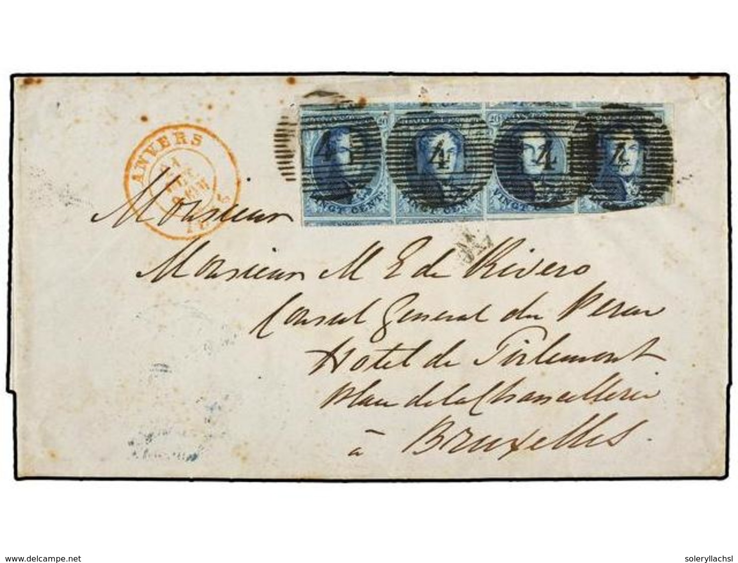 BELGICA. Of.7 (4). 1855. ANVERS To BRUXELLES. Entire Letter Franked With Strip Of Four, Large Margins (one Stamp Cut). - Autres & Non Classés