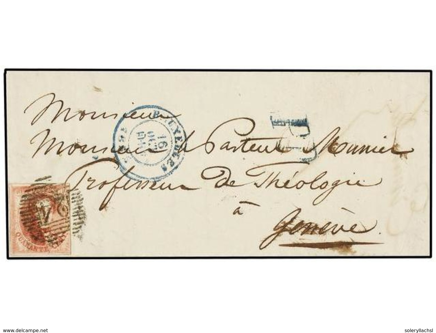 BELGICA. Of.8. 1855. BRUXELLES To GENEVE (Switzerland). Entire Letter Fgranked With  40 Cts.  Red Stamp, Complete Margin - Altri & Non Classificati