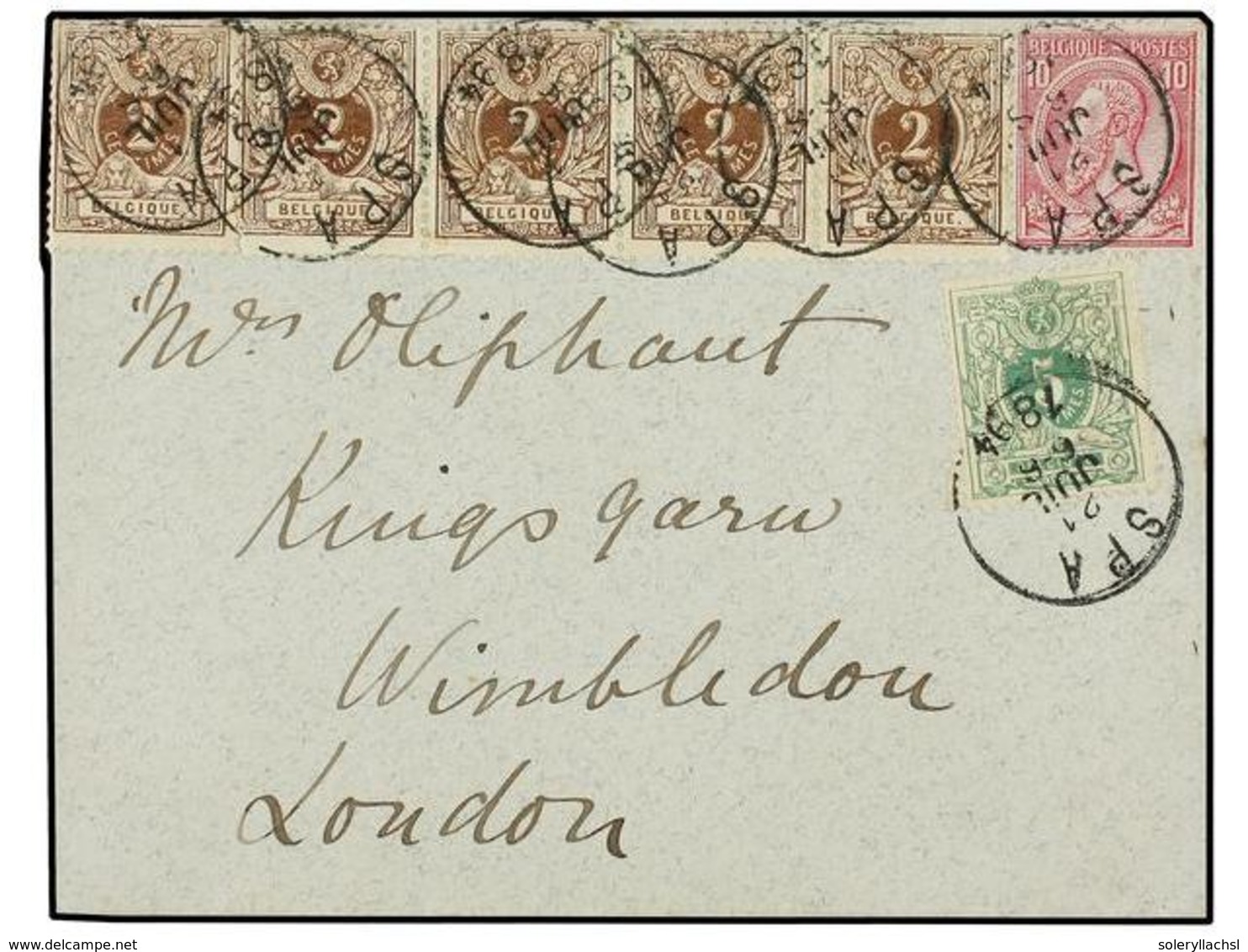 BELGICA. Of.44 (5), 45, 46. 1894. SPA To LONDON. Envelope Franked With Five  2 Cts.  Brown,  5 Cts.  Green And  10 Cts.  - Sonstige & Ohne Zuordnung