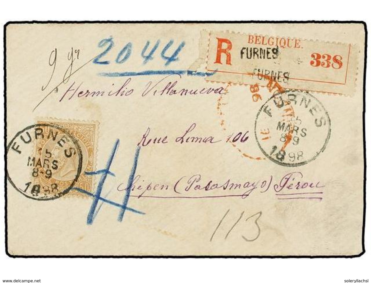 BELGICA. Of.62. 1898. FURNES To CHEPEN (Perú). Envelope Franked With  50 Cts.  Ocre, Sent Registered.  London  Transit O - Autres & Non Classés