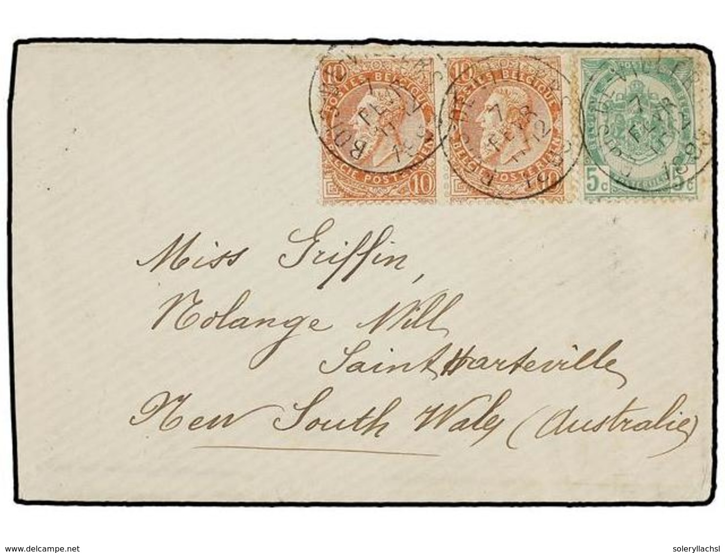 BELGICA. Of.56, 57 (2). 1899. BOIS DE VILLERS To SYDNEY (Australia). Envelope Franked With  5 Cts.  Green And Two  10 Ct - Sonstige & Ohne Zuordnung