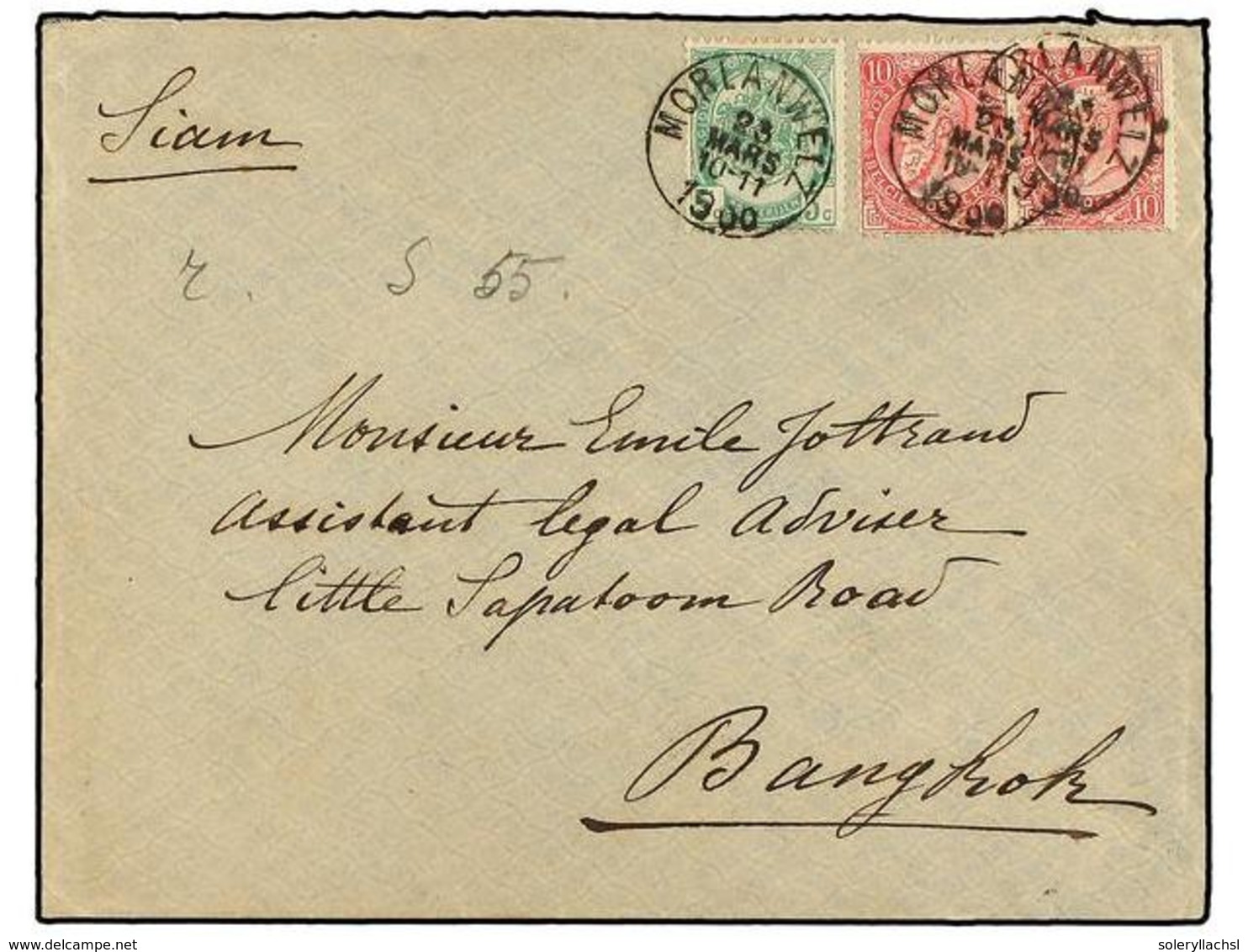 BELGICA. Yv.56, 58. 1900. MORLANWEIZ To BANGKOK. Envelope Addressed To The 'Legal Advisor Of The Siamese Government, Ban - Autres & Non Classés