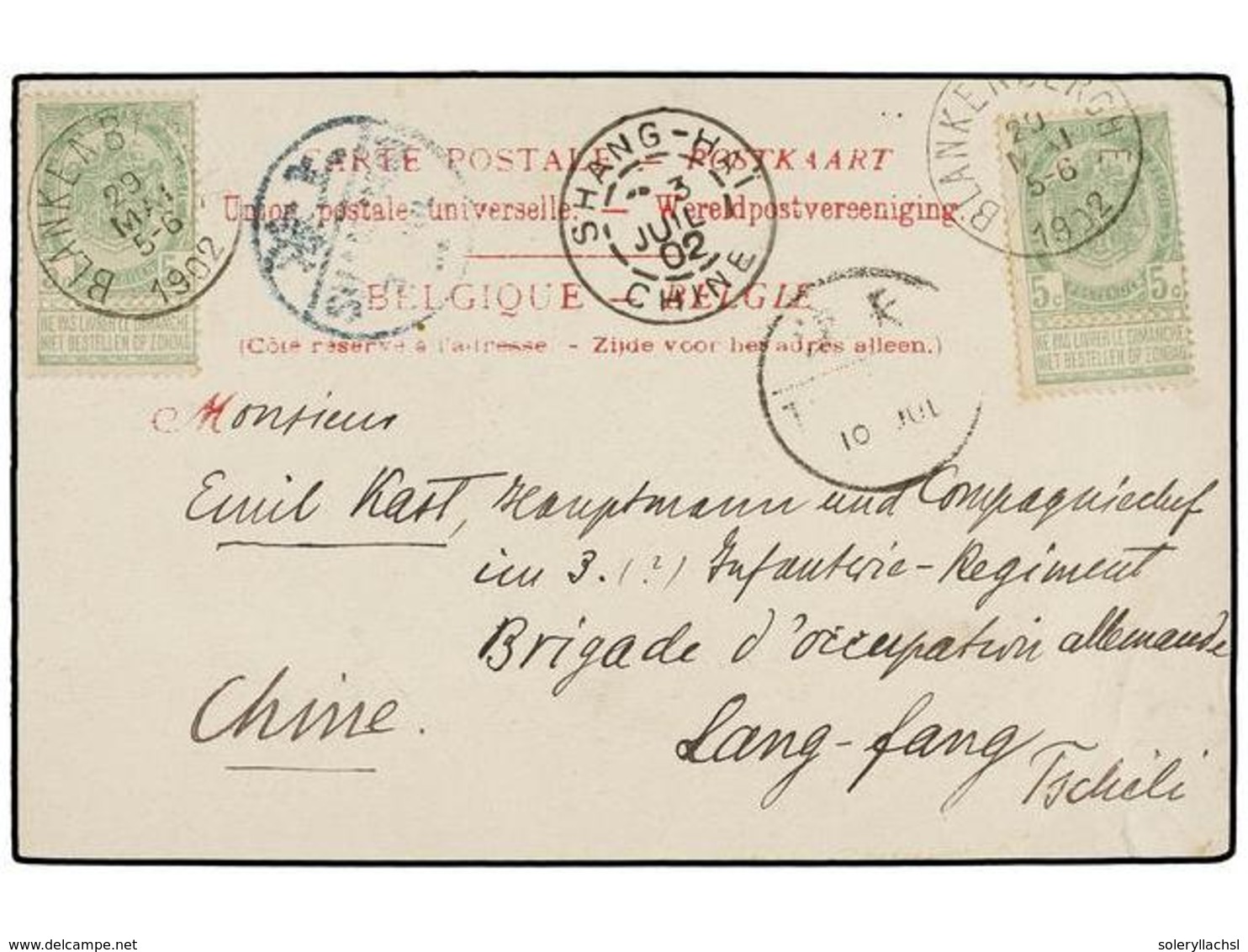 BELGICA. Of.56 (2). 1902. BLANKLABERCHE To LANG-LANG (China). Postcard Franked With Two  5 Cts.  Green Stamps. - Autres & Non Classés