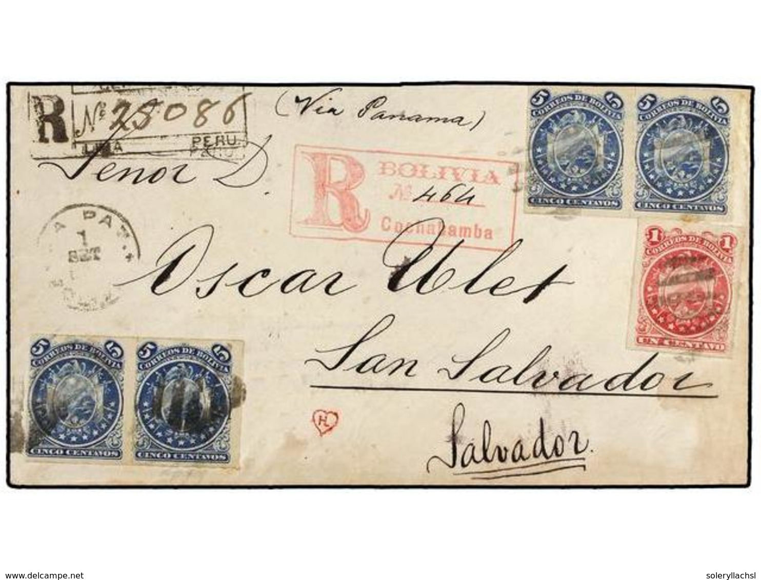 BOLIVIA. Sc.23, 25 (4). 1888. LA PAZ A SAN SALVADOR.  1 Ctvo.  Carmín Lila Y  5 Ctvos.  Azul (4) Carta Certificada Circu - Autres & Non Classés