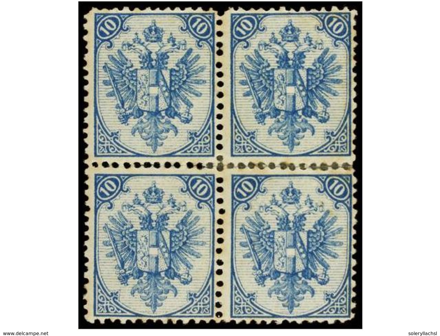 * BOSNIA-HERZEGOVINA. Fe.6 Ib. 1879.  10 Kr.  Milk Blue, Perf. 12. Block Of Four, Very Early Printing. Some Reinforcemen - Autres & Non Classés