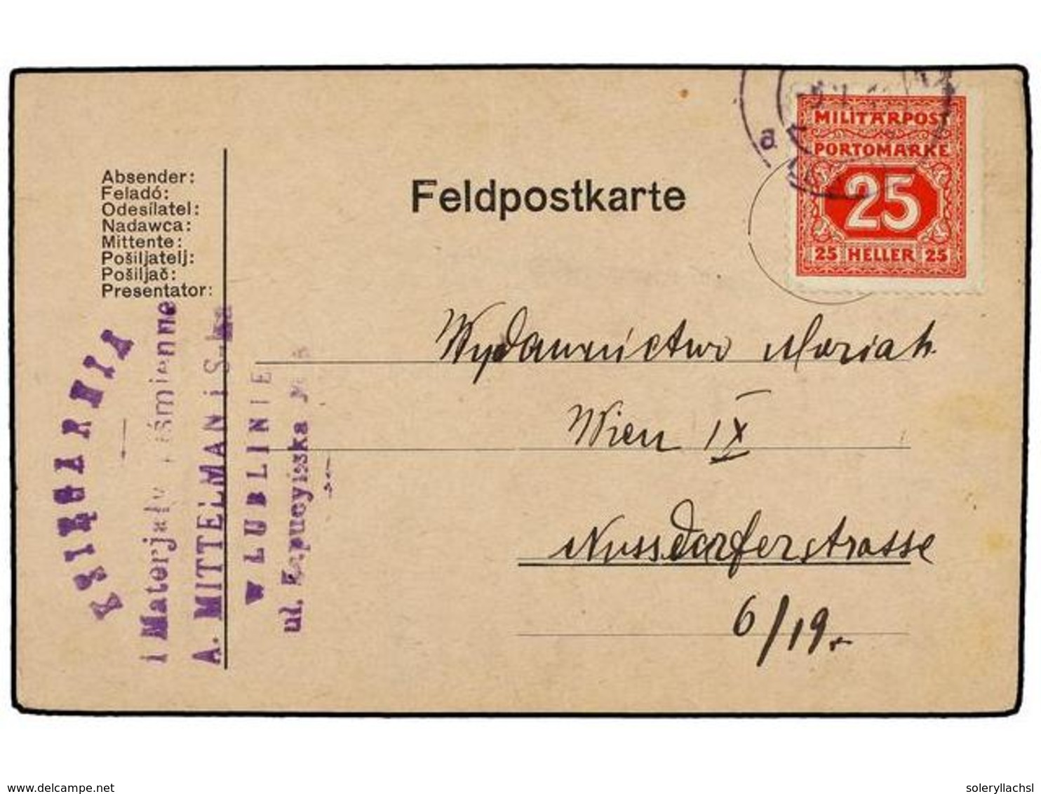 BOSNIA-HERZEGOVINA. 1918. LUBLINIE To WIEN. Militar Card Send With Postage Due Stamp Of  25 Heller  Red (Mi. 21). - Sonstige & Ohne Zuordnung