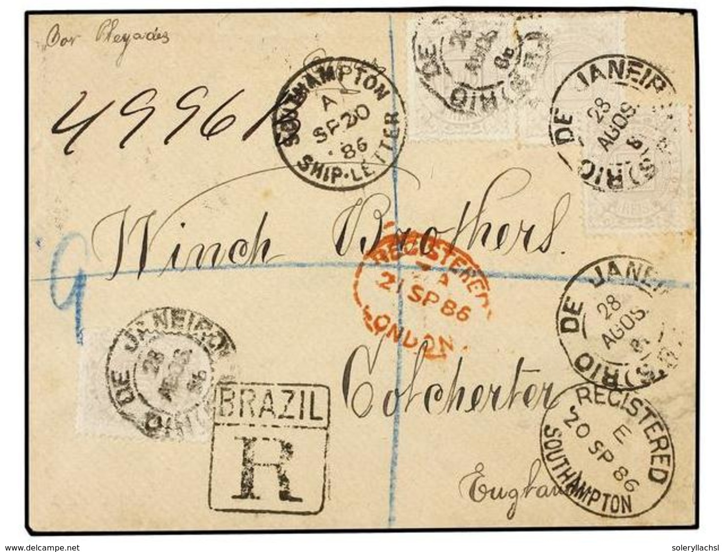 BRASIL. Sc.92(4). 1886. RIO DE JANEIRO A INGLATERRA.  100 Reis  Lila (4), Carta Certificada, Fechador  SOUTHAMPTON/SHIP  - Sonstige & Ohne Zuordnung