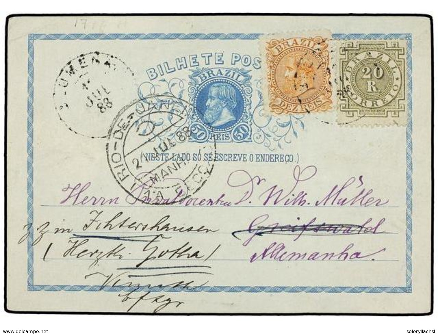 BRASIL. Sc.86, 87. 1888. BLUMENAU A ALEMANIA. Entero Postal De  50 Reis  Azul Con Franqueo Adicional De  10 Reis  Naranj - Altri & Non Classificati