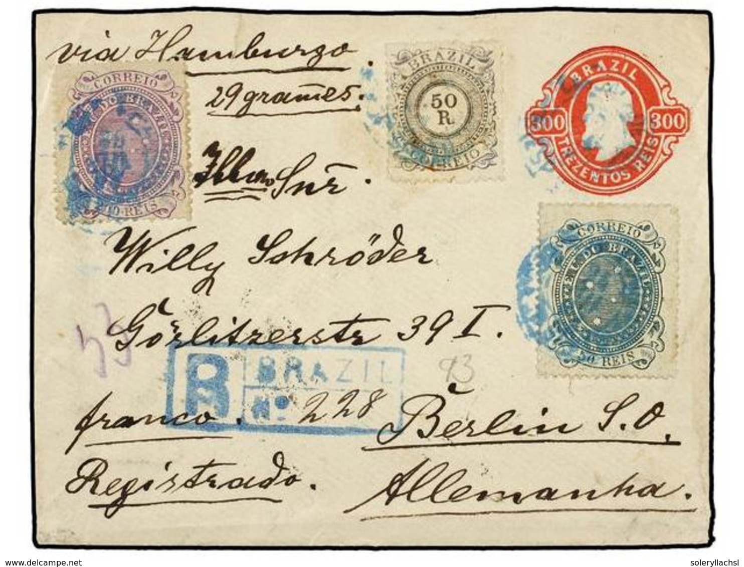 BRASIL. 1893. BRASIL A ALEMANIA. Entero Postal De  300 Reis  Rojo Con Franqueo Adicional De  5 Reis  Azul,  50 Reis  Ver - Altri & Non Classificati