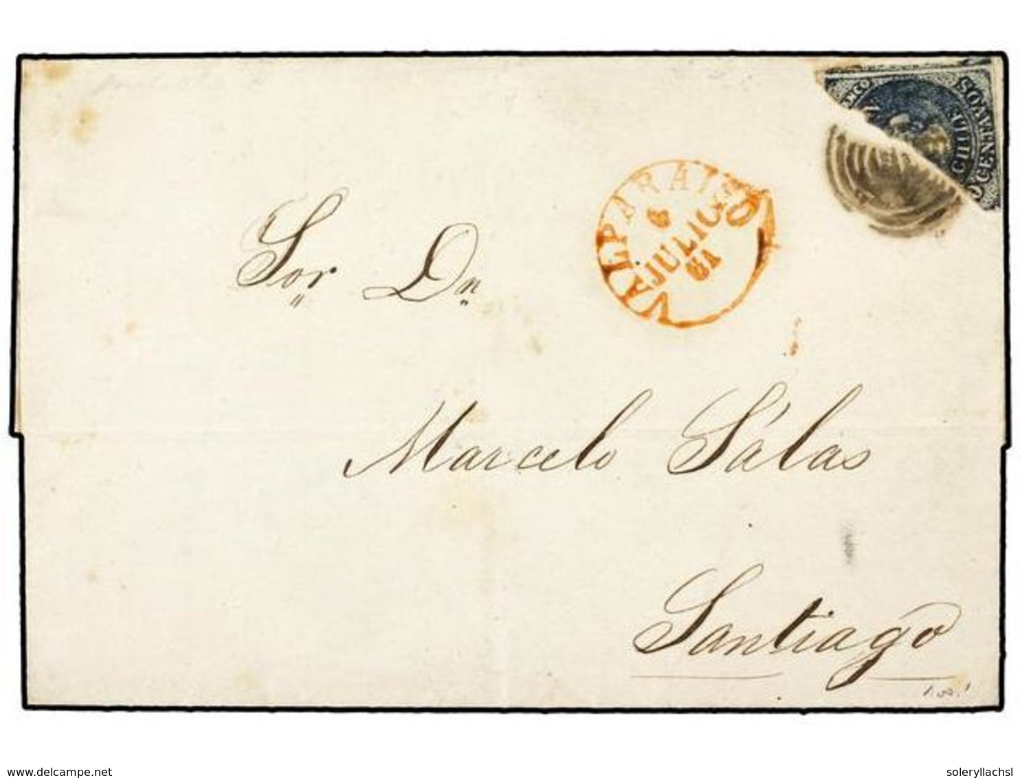 CHILE. Sc.12d. 1861 (6-Julio). VALPARAISO A SANTIAGO.   10 Ctvos.  Azul, Bisectado Para Ser Usado Como 5 Ctvos. Impresió - Andere & Zonder Classificatie