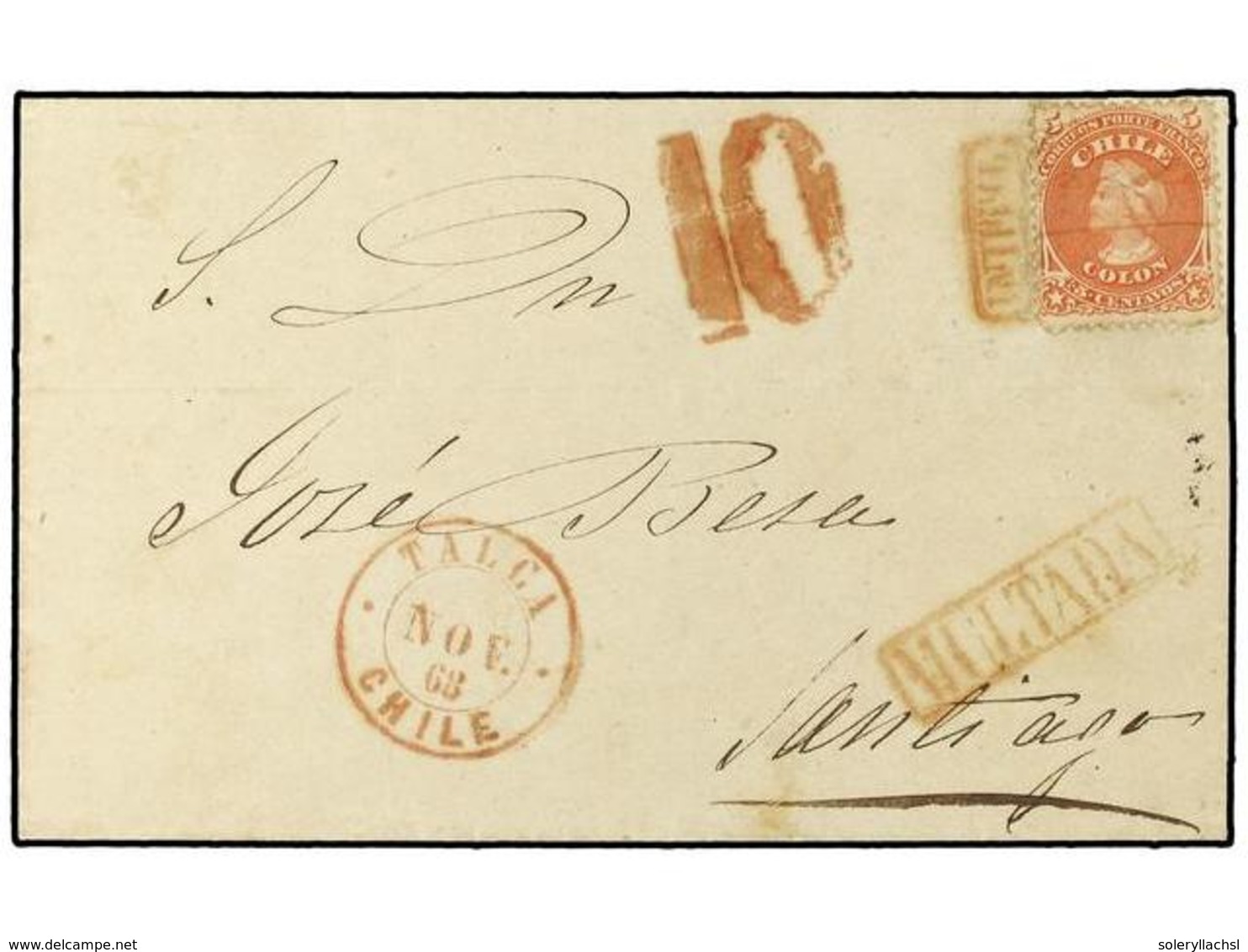 CHILE. 1868. TALCA A SANTIAGO. Carta Circulada Con Sello De  5 Ctvos.  Rojo, Previamente Usado A Pluma, El Fraude Fue De - Andere & Zonder Classificatie