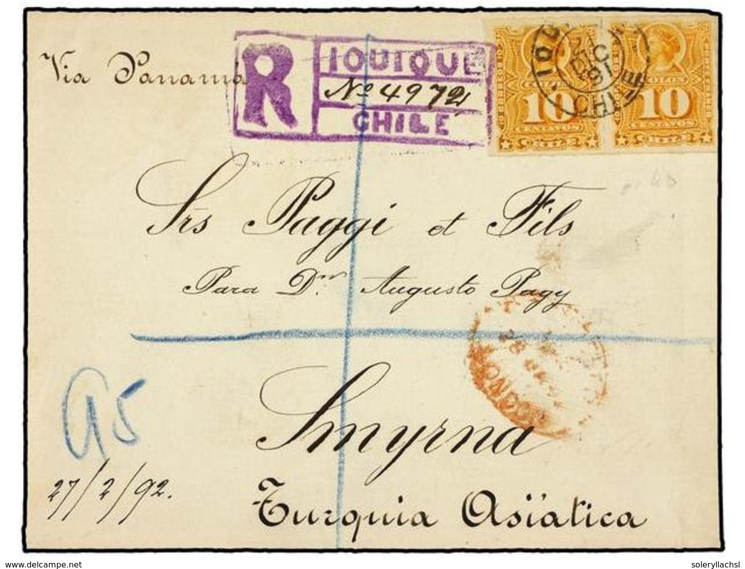 CHILE. Sc.29 (2). 1891. FRONTAL. IQUIQUE A SMYRNA (Turquía).  10 Cts.  Naranja (2) Circulada Por Correo Certificado. Rar - Autres & Non Classés