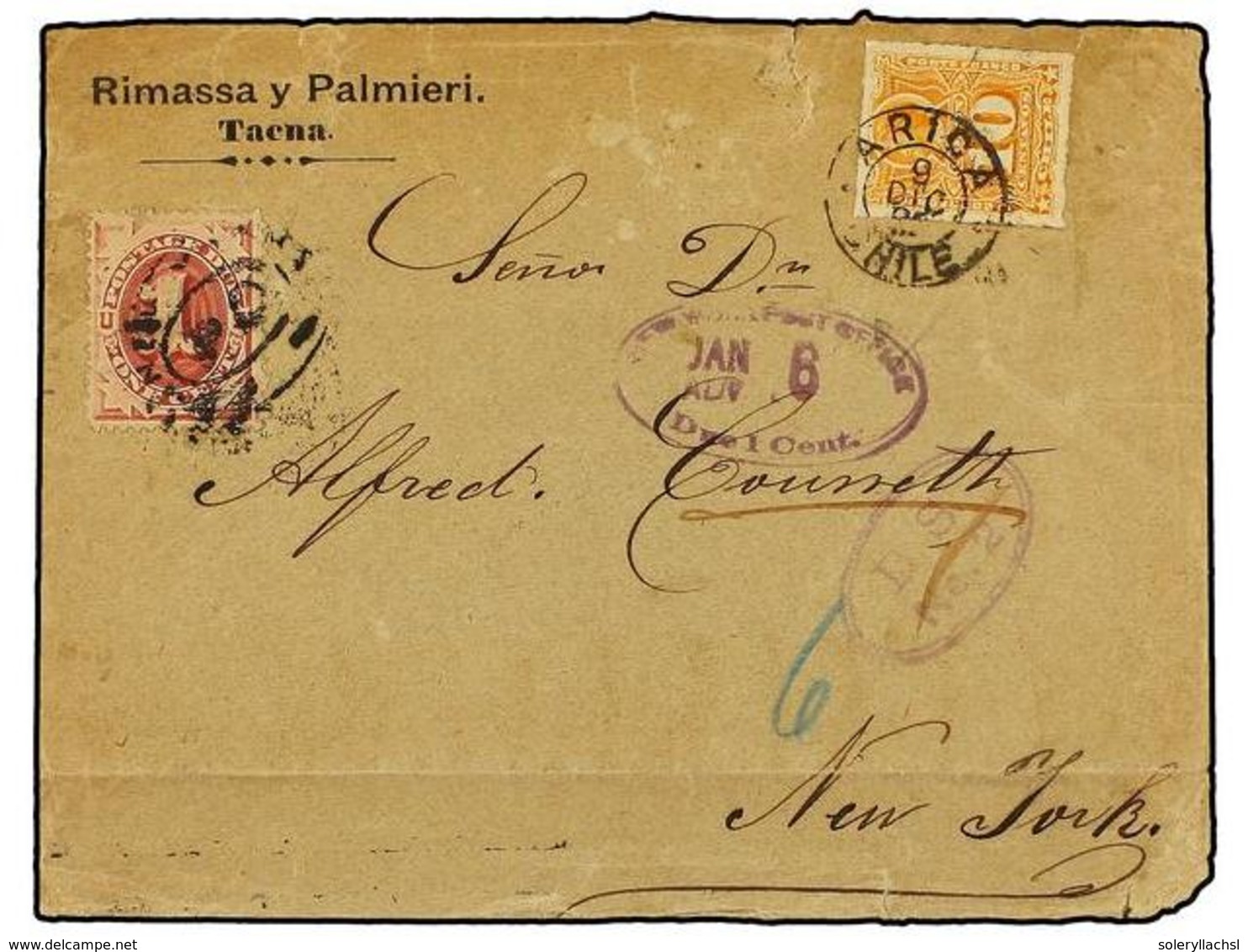 CHILE. Sc.29. 1892. TACNA A NEW YORK.  10 Ctvos.  Naranja, Tasada A La Llegada Con Sello USA De  1 Ctvo.  Lila Carmín. R - Andere & Zonder Classificatie