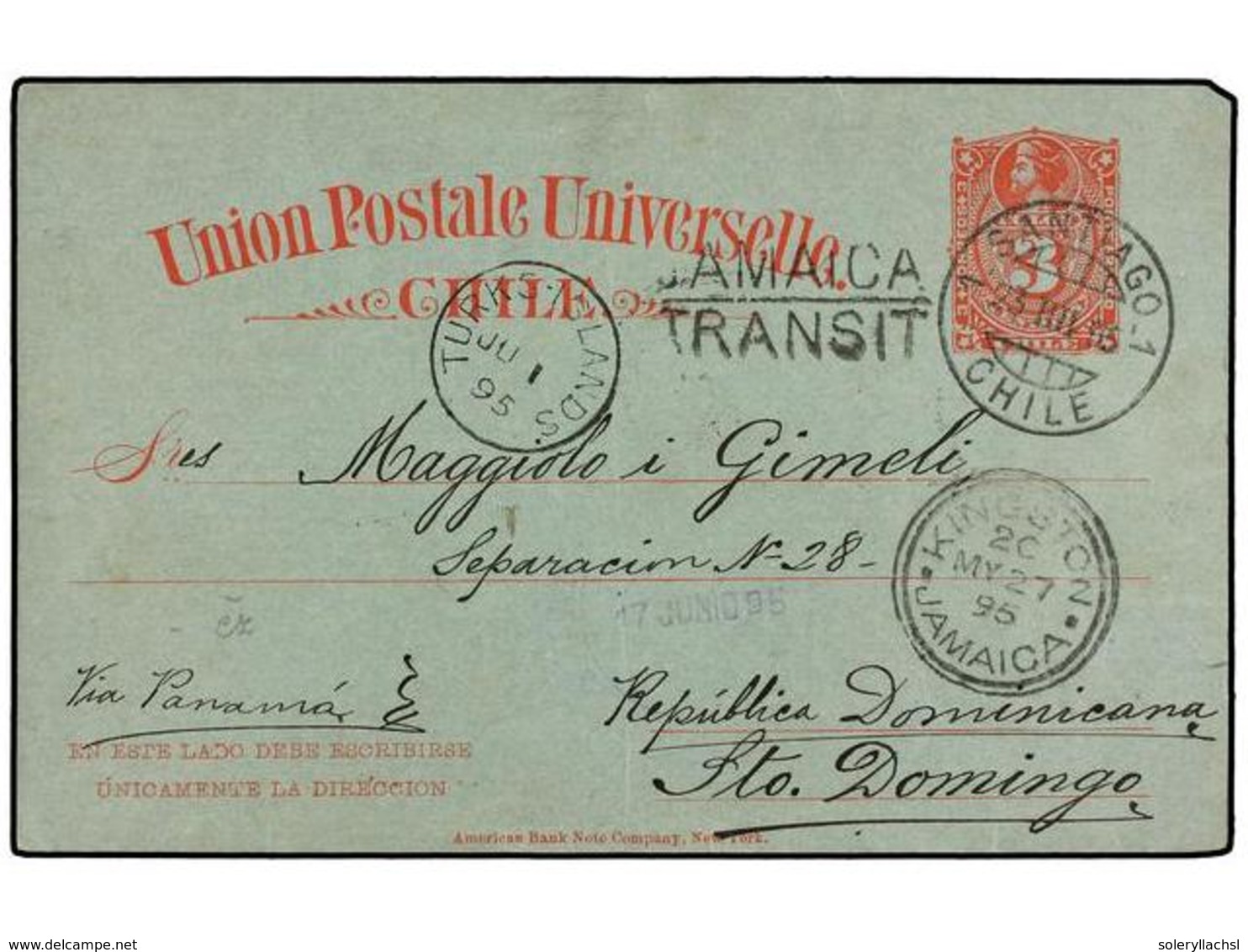 CHILE. 1895. SANTIAGO A STO. DOMINGO (Rep. Dominicana). Entero Postal De  3 Ctvos.  Fechadores De Tránsito De  JAMAICA   - Andere & Zonder Classificatie