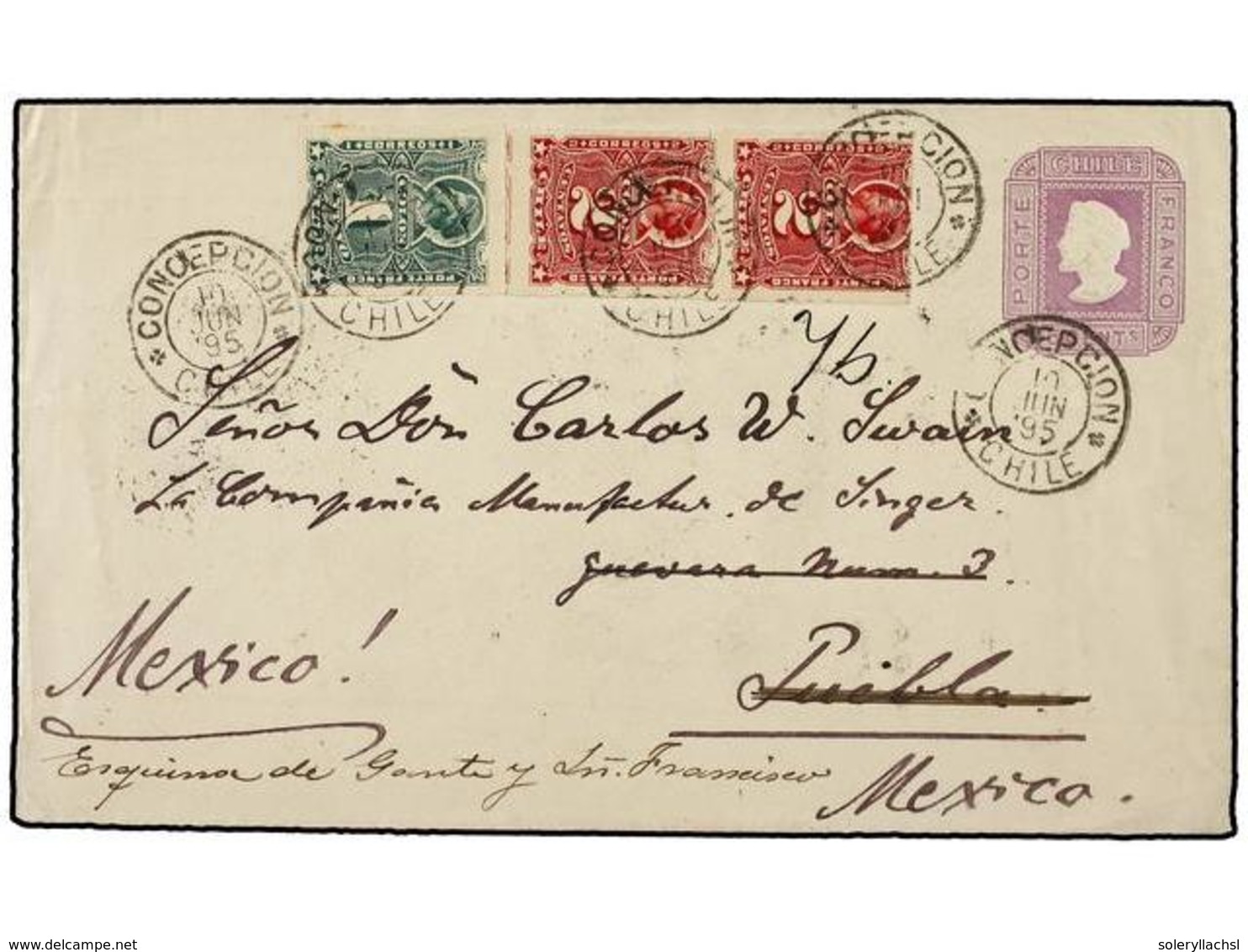 CHILE. Sc.25, 26 (2). 1895. CONCEPCIÓN A PUEBLA (México) Y Reexpedida A Ciudad De MÉXICO. Entero Postal De  5 Cts.  Lila - Autres & Non Classés
