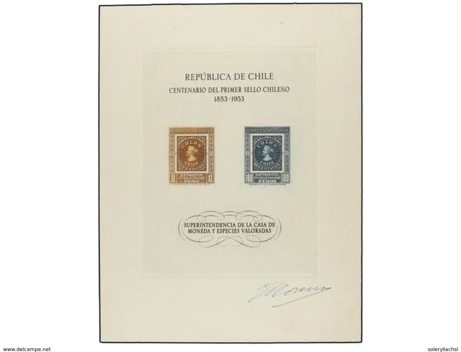 CHILE. 1953.  CENTENARIO DEL SELLO. HB  Castaño Y Azul. Firmada Por El Grabador  'Moreno'. - Andere & Zonder Classificatie