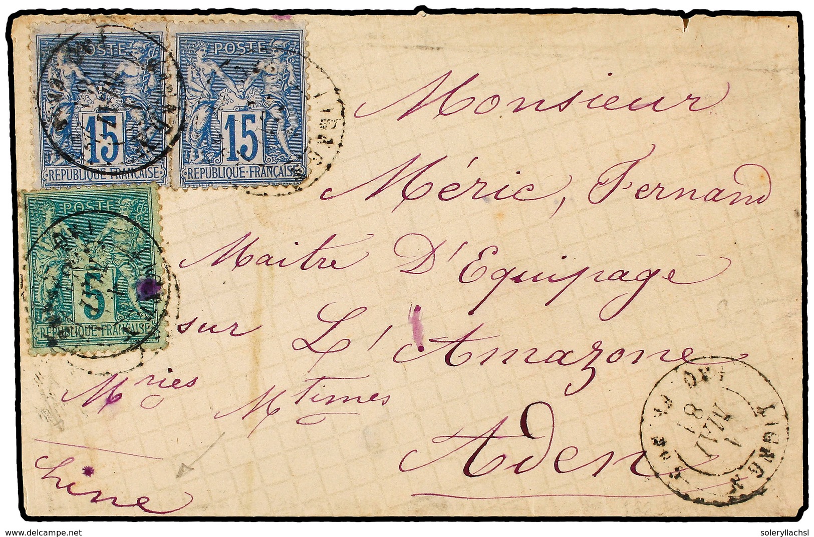 CHINA. 1881. Sobre Circulado  Al 'Maitre D'Equipage Sur L'Amazone' En ADEN Con Sellos De  5 Cts.  Verde,  15 Cts.  (2), - Autres & Non Classés