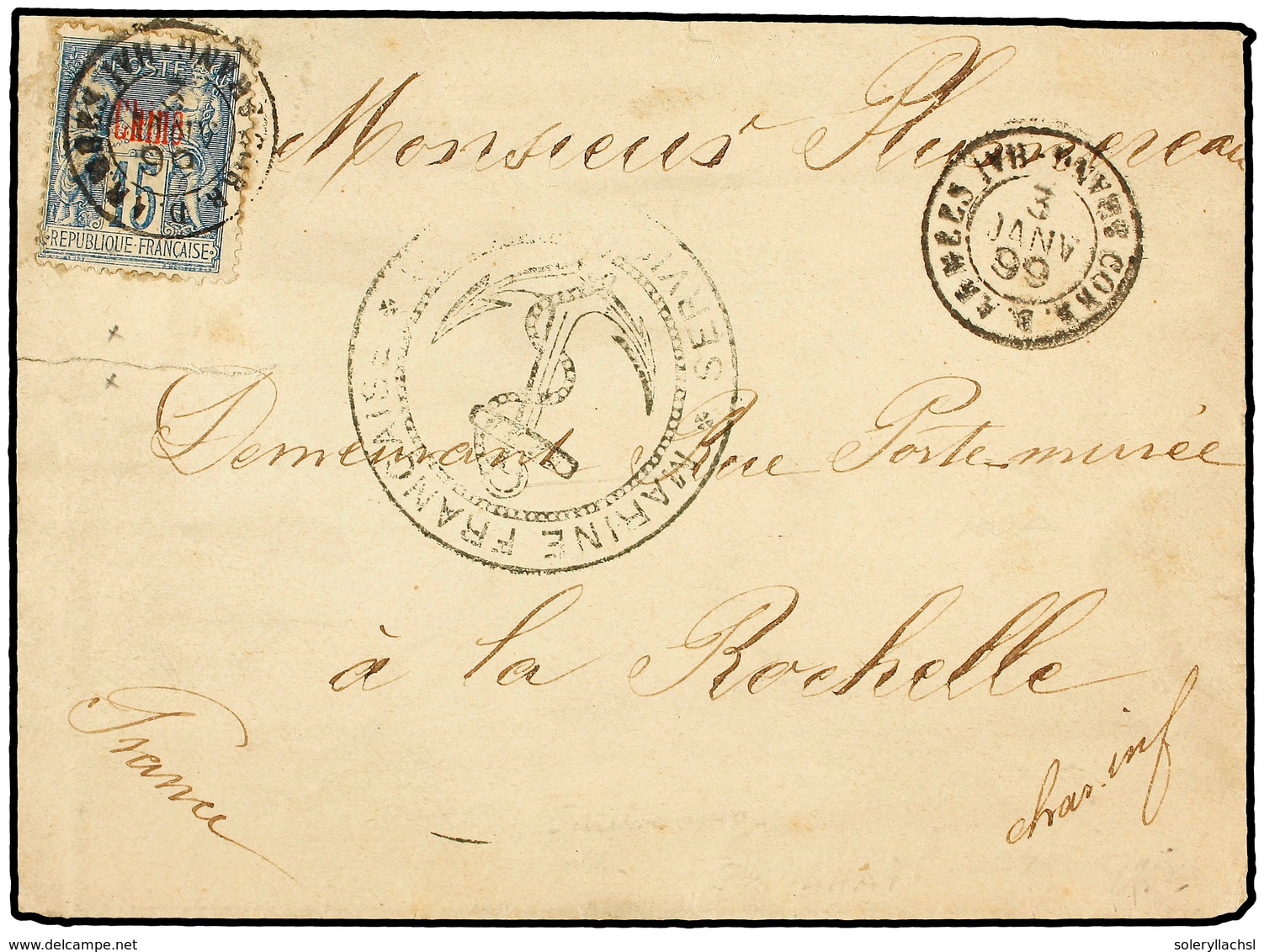 CHINA. 1899. SHANGHAI A FRANCIA. Sello Francés  15 Cts.  Con Fechador  CORR. D. ARMEES/SAANGHAI  Y Marca Circular  MARIN - Autres & Non Classés