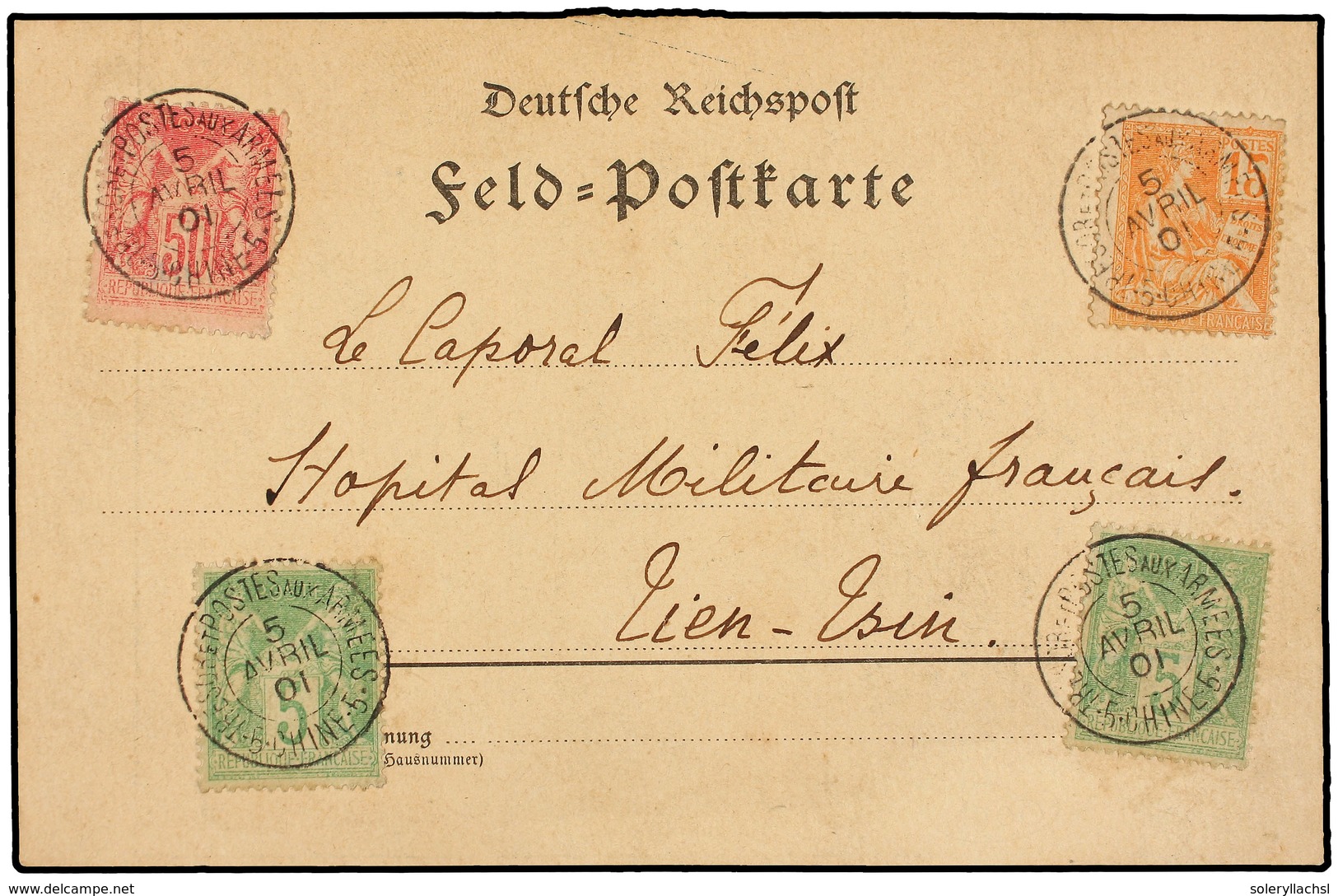 CHINA. 1901. Tarjeta Postal Circulada A TIEN-TSIN Circulada Con Sellos Franceses De  5 Cts.  Verde (2),  15 Cts.  Amaril - Sonstige & Ohne Zuordnung