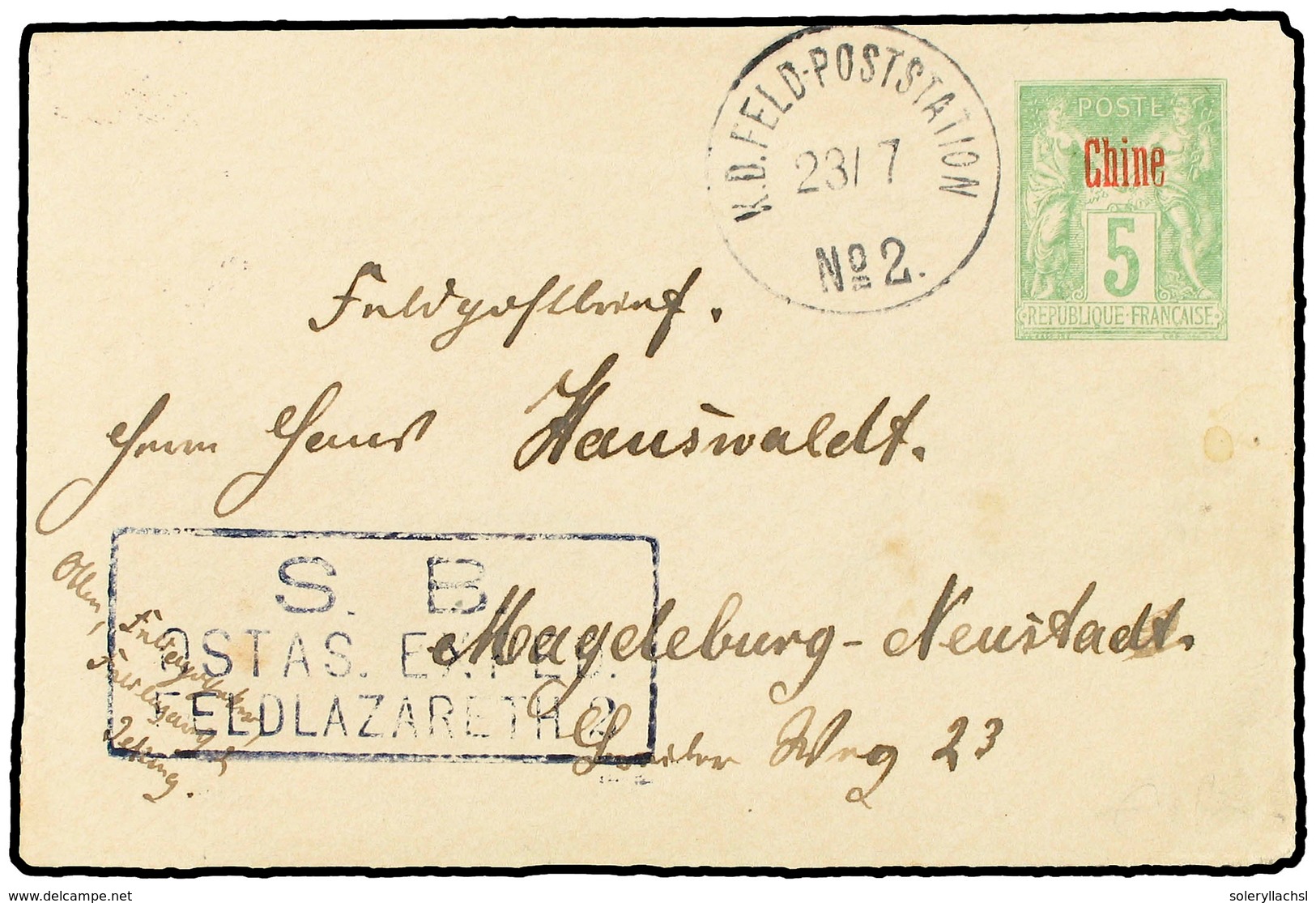 CHINA. 1901 (July 23).  'Chine' 5c.  Yellow Green Postal Stationery Envelope Used To MAGDEBURG Struck With  K.D.FELD-POS - Altri & Non Classificati