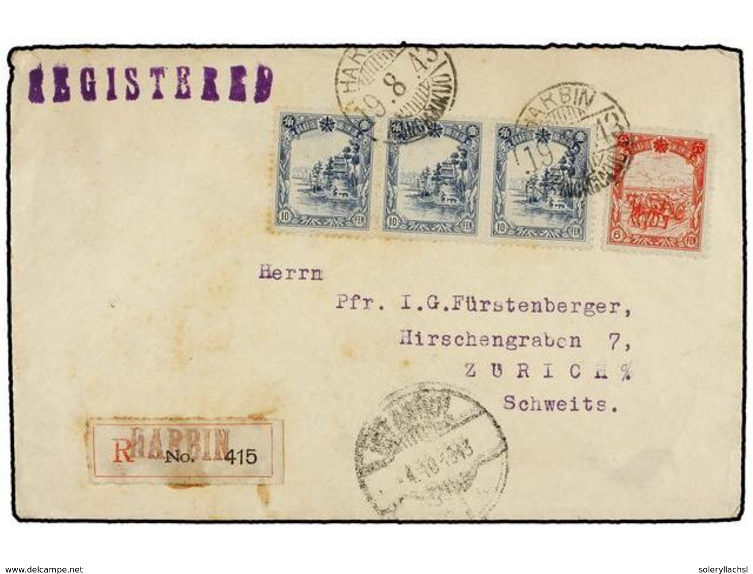 CHINA: MANCHURIA. 1943 (19-8). DAIREN To ZURICH. Envelope Send By Helen Madsen (Danish Missionary) With Manchoukuo  6 F. - Altri & Non Classificati