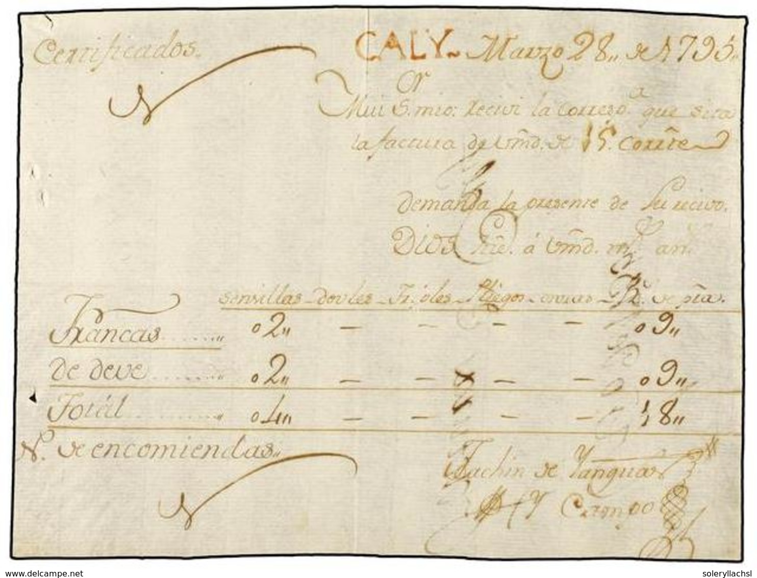 COLOMBIA. 1795 (28 Marzo).  RECIBO  Del Porte Del Correo De '2 Cartas FRANCAS' Y '2 Cartas De Deve' Con Un Total De 18 R - Altri & Non Classificati