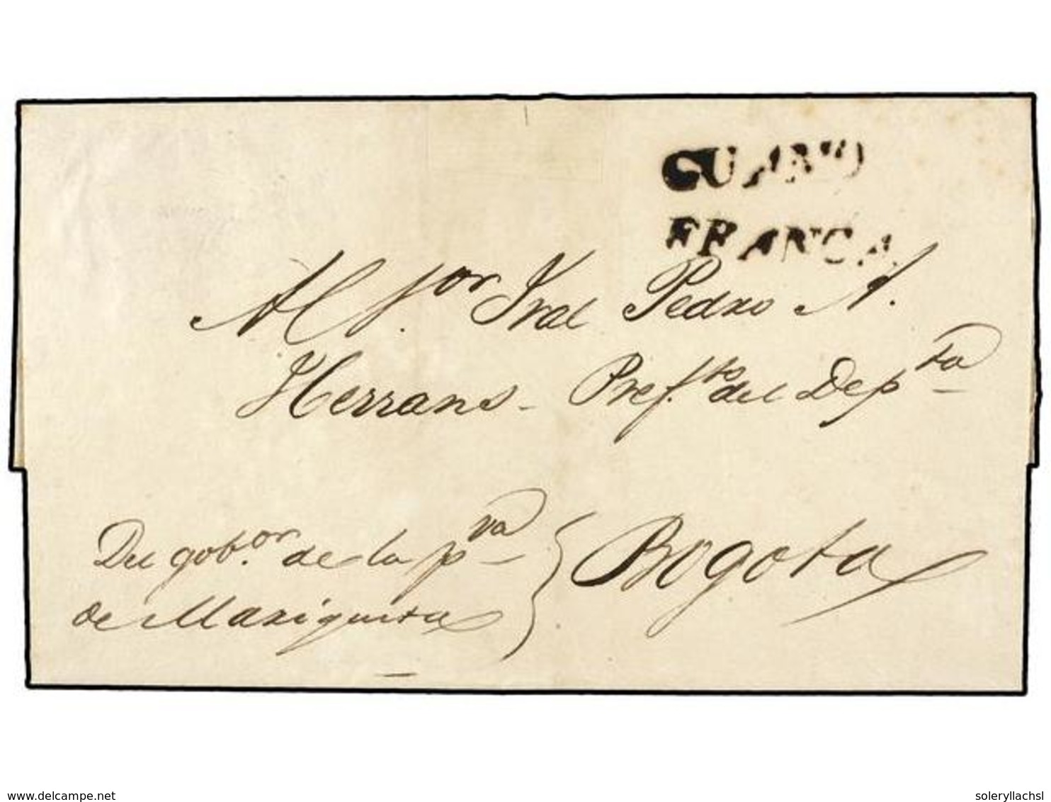 COLOMBIA. (1825 CA.). Envuelta Circulada A BOGOTÁ, Manuscrito 'Del Gover. De La Pcia. De Mariquita' Y Marca  GUAMO/FRANC - Andere & Zonder Classificatie